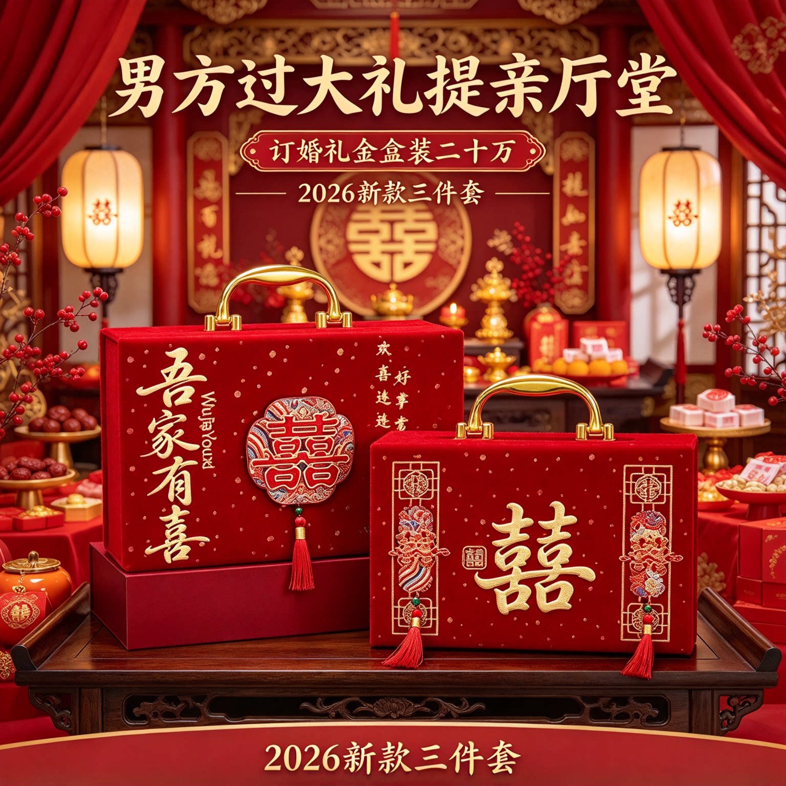 礼金盒订婚专用装二十万2026年新款三件套过大礼大红彩礼用品大全