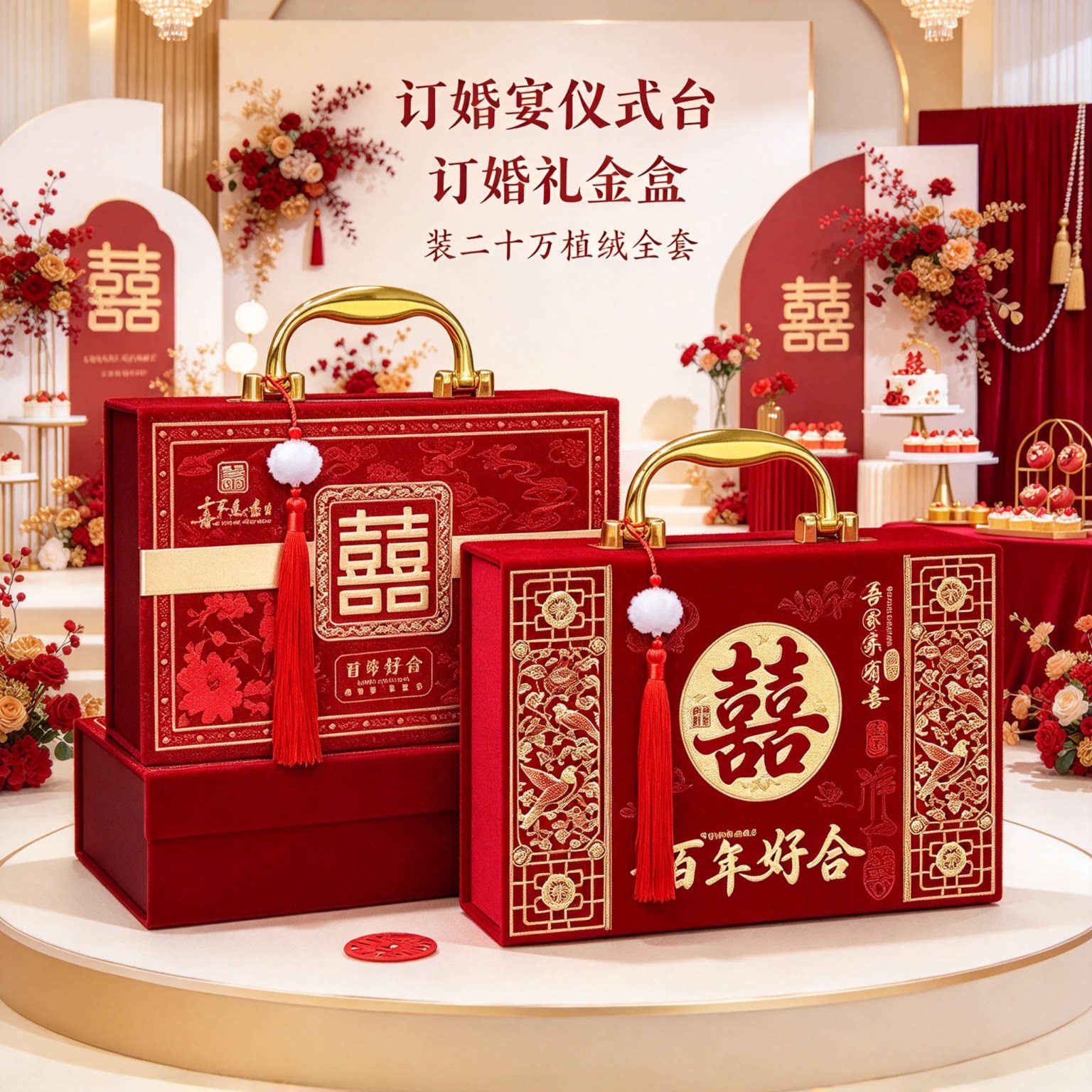 结婚彩礼箱礼金盒装二十万植绒全套男方上门下聘红色高档用品大全
