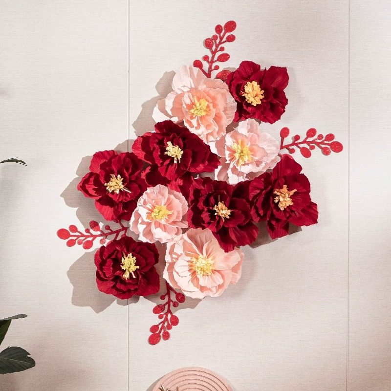 婚房布置结婚花朵装饰立体褶皱花婚礼男女方新房卧室背景墙面拉花