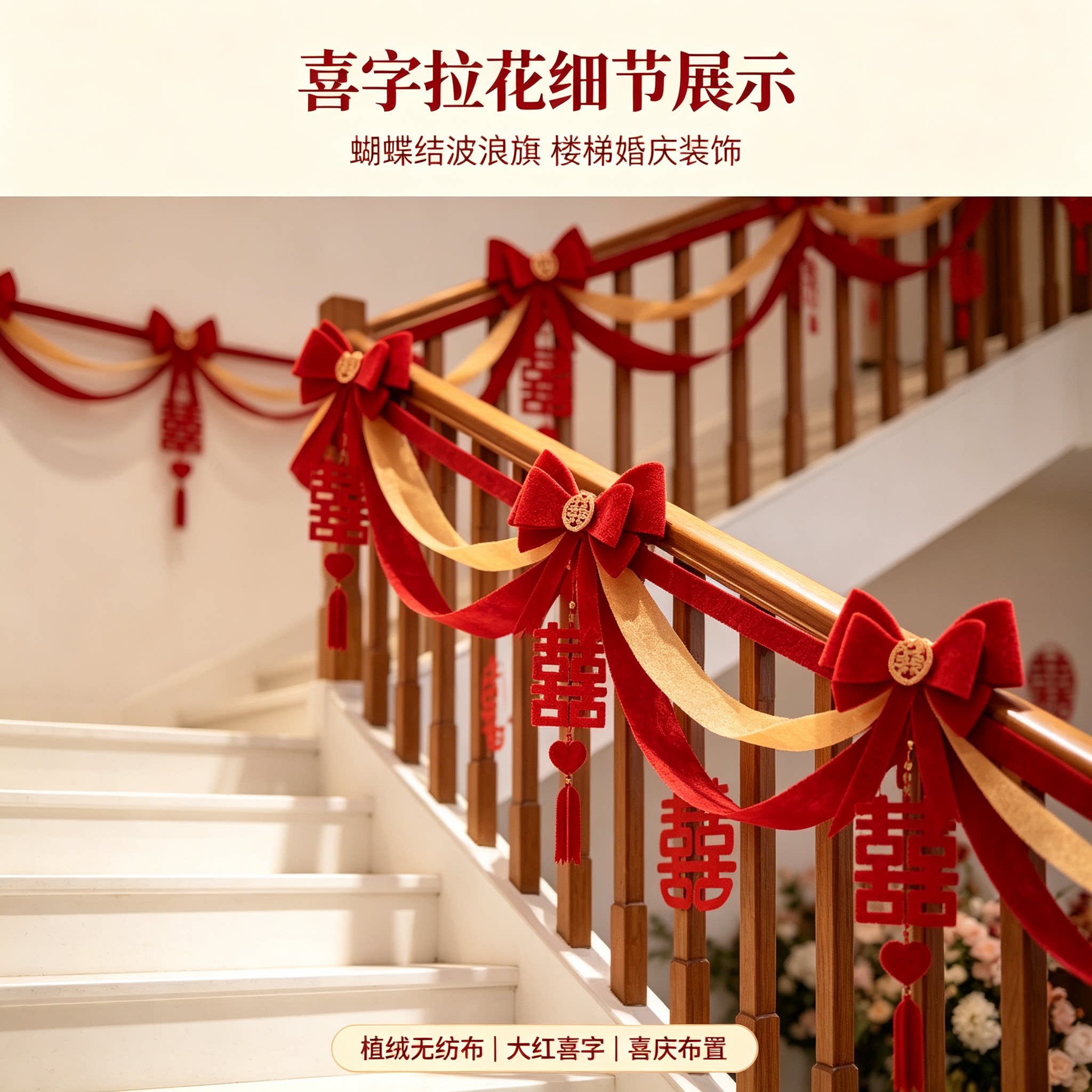 婚礼拉花新人天花板蝴蝶结喜庆大红喜字楼梯台阶婚庆装饰布置用品