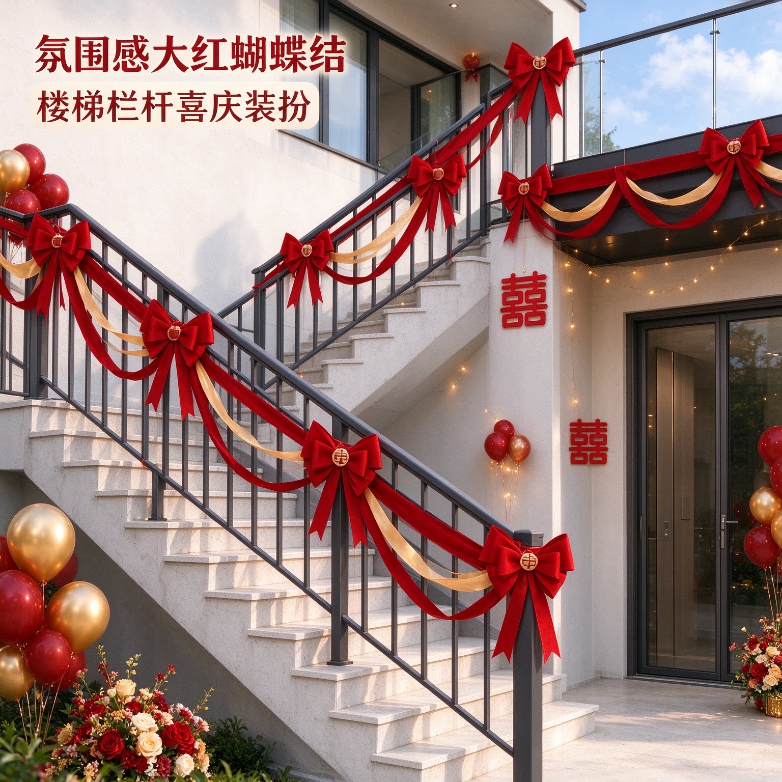 婚庆用品别墅背景墙蝴蝶结氛围感大红阳台栏杆婚礼装扮婚房装饰品