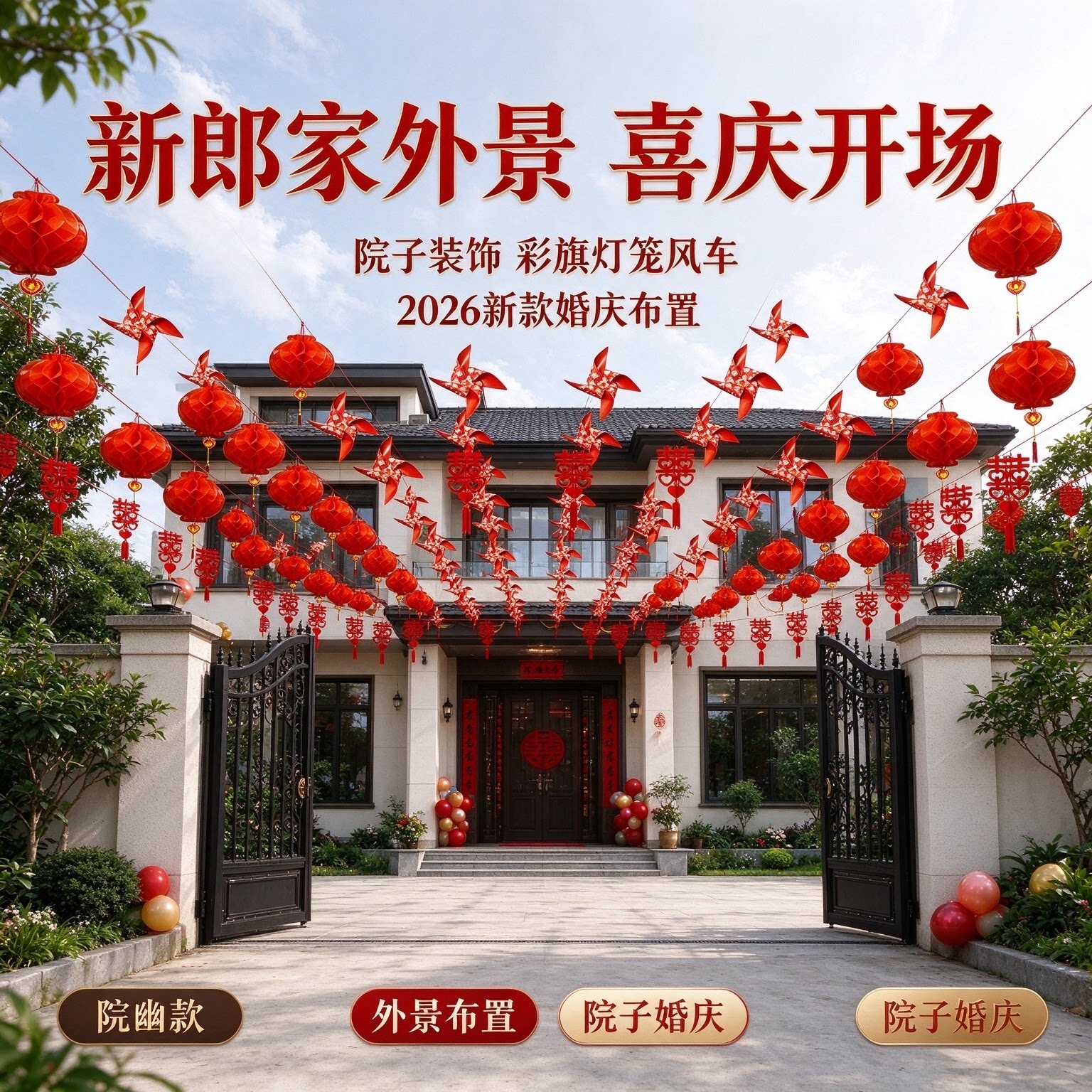 院子装饰结婚新郎家外景彩旗灯笼风车2026新款户外婚庆布置用品