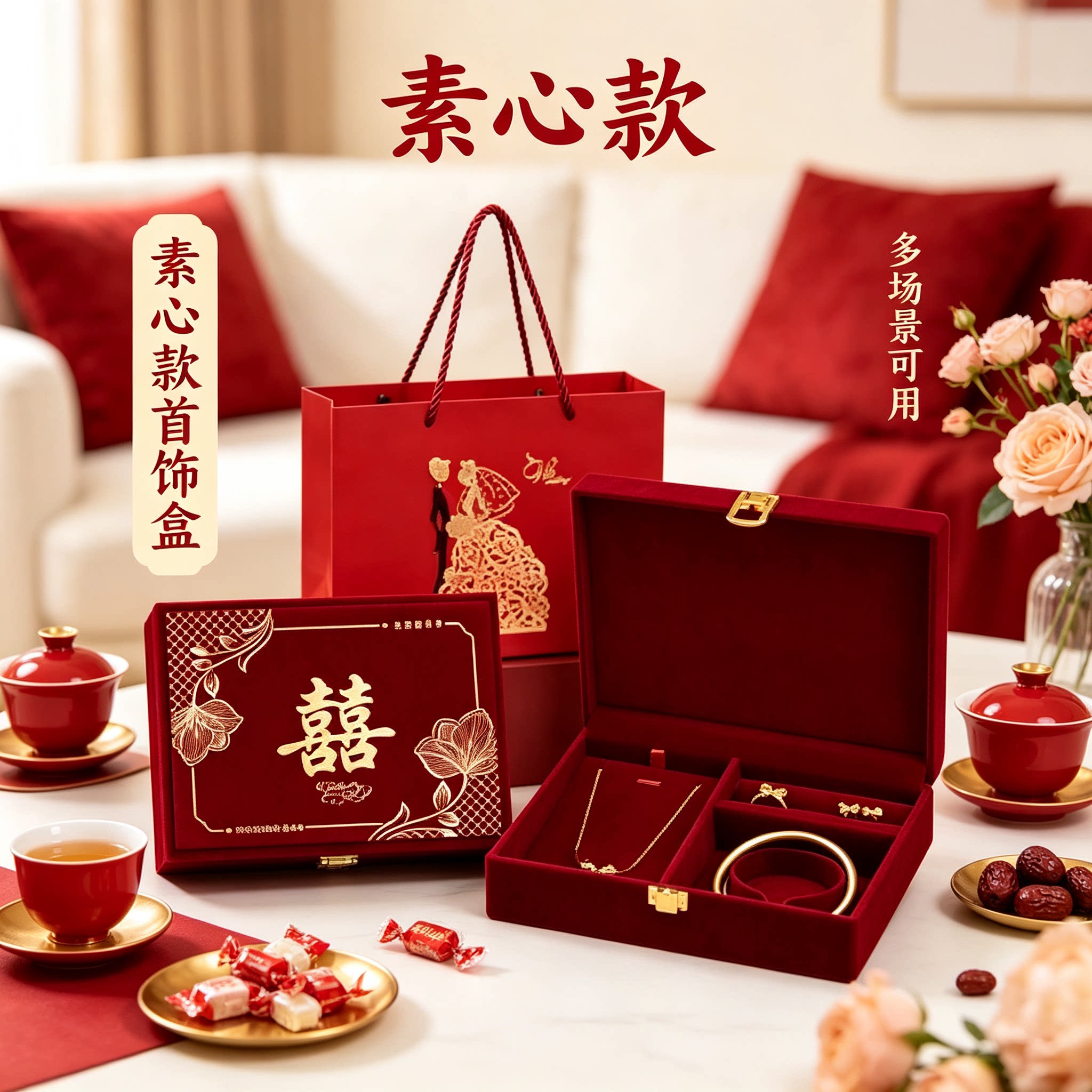 订婚黄金首饰盒男方金器结婚彩礼钱盒子酒红高级感婚礼三金五金盒