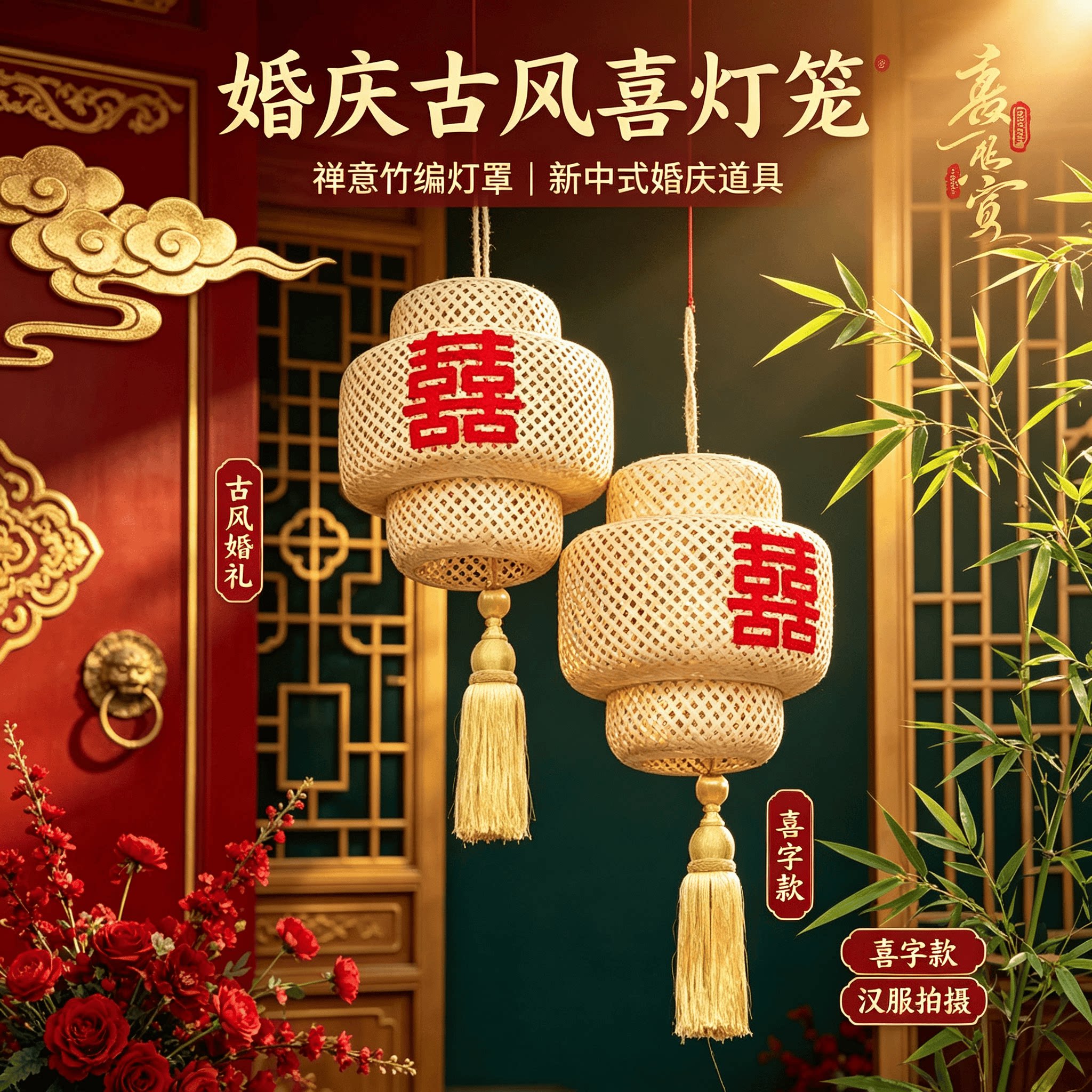 婚庆古风灯笼禅意喜字竹编灯笼