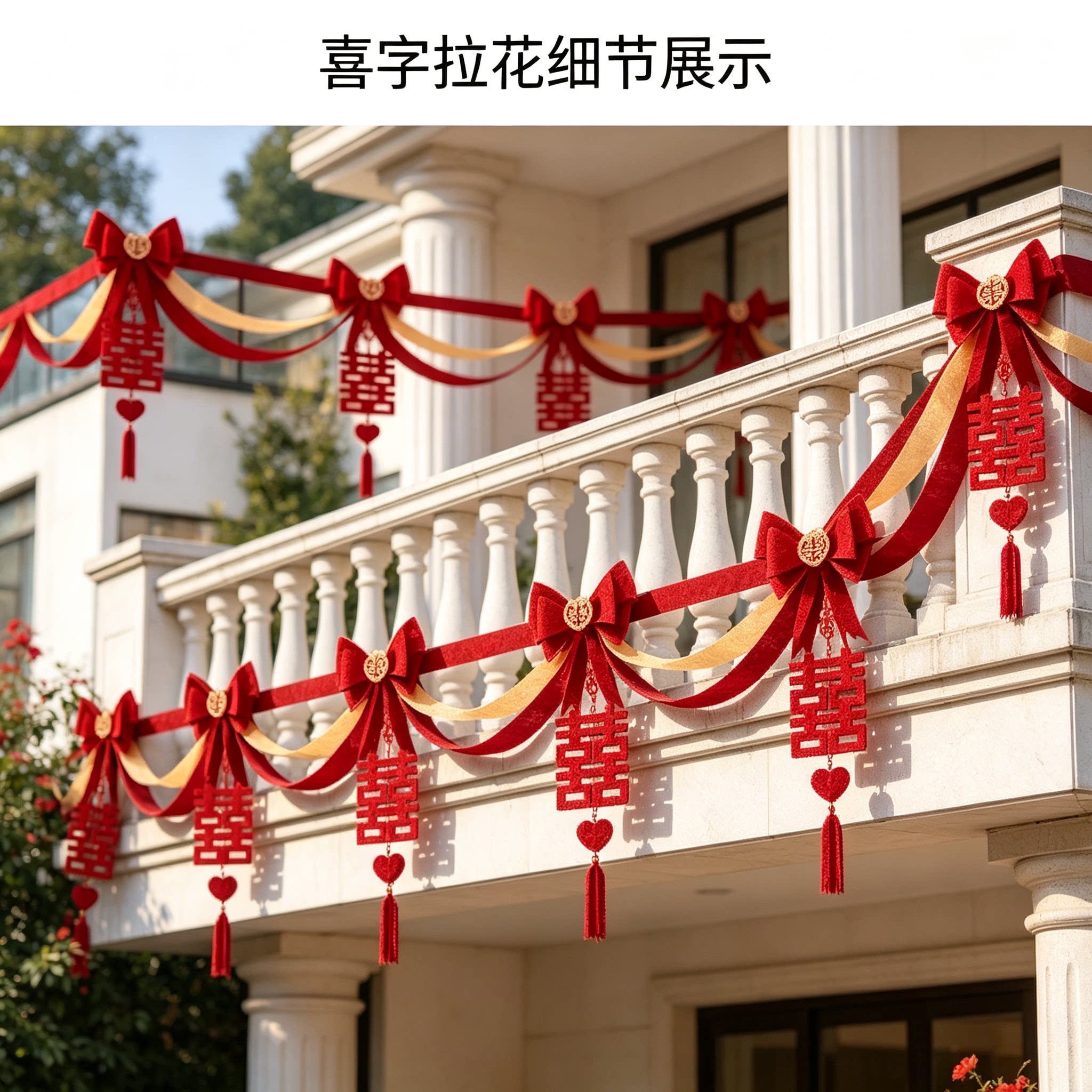 彩带拉花新人过道波浪旗红色大红喜字客厅背景墙装饰布置装扮用品