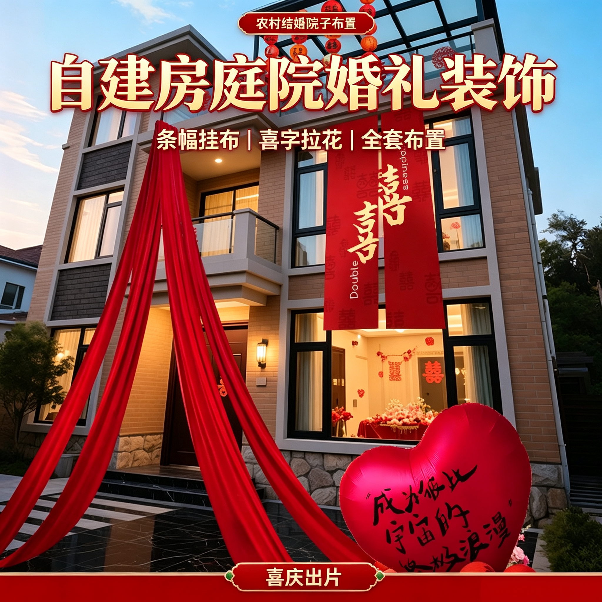 农村自建房结婚装饰套装庭院户外婚礼条幅挂布院子喜字拉花布置