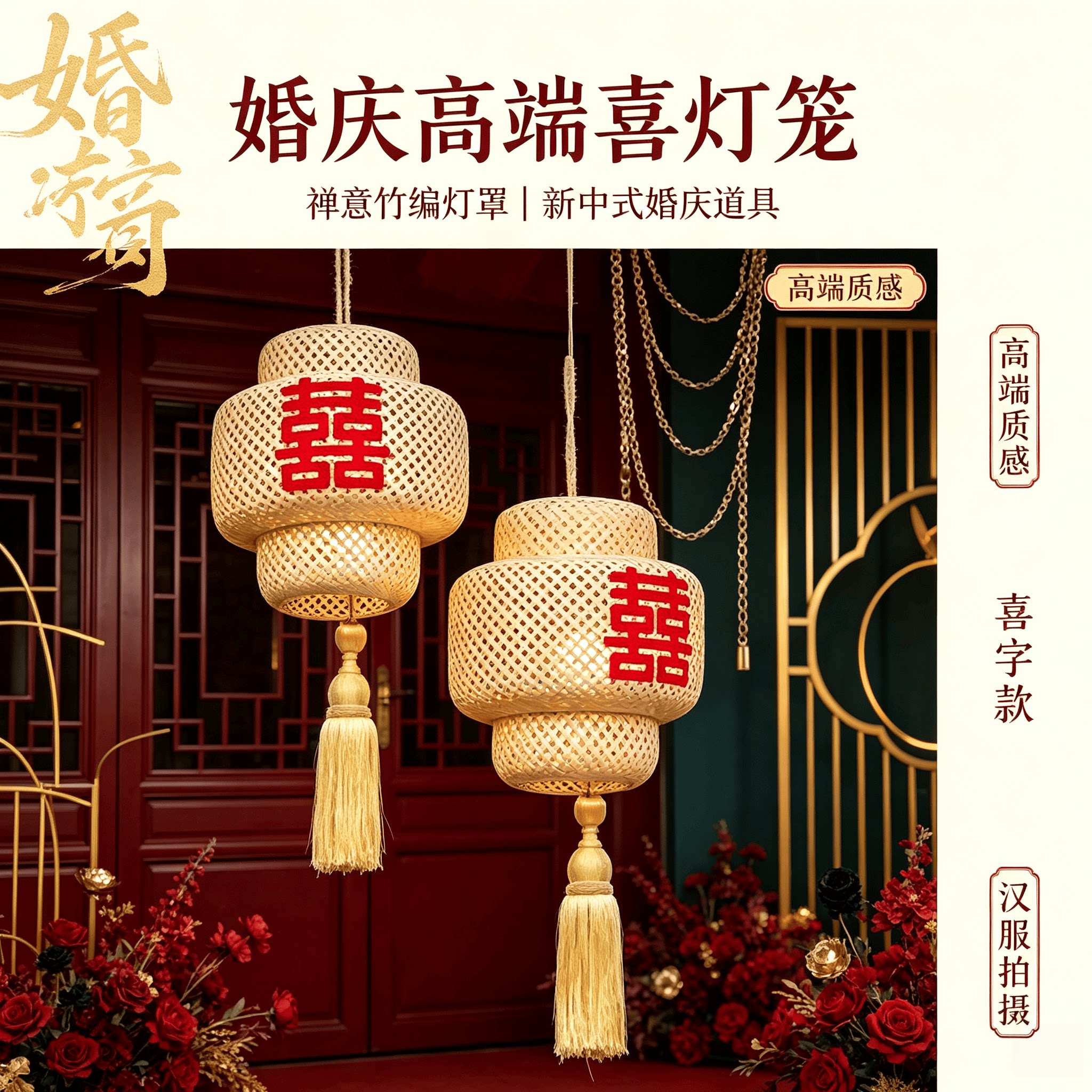 婚庆高端灯笼禅意喜字竹编灯笼