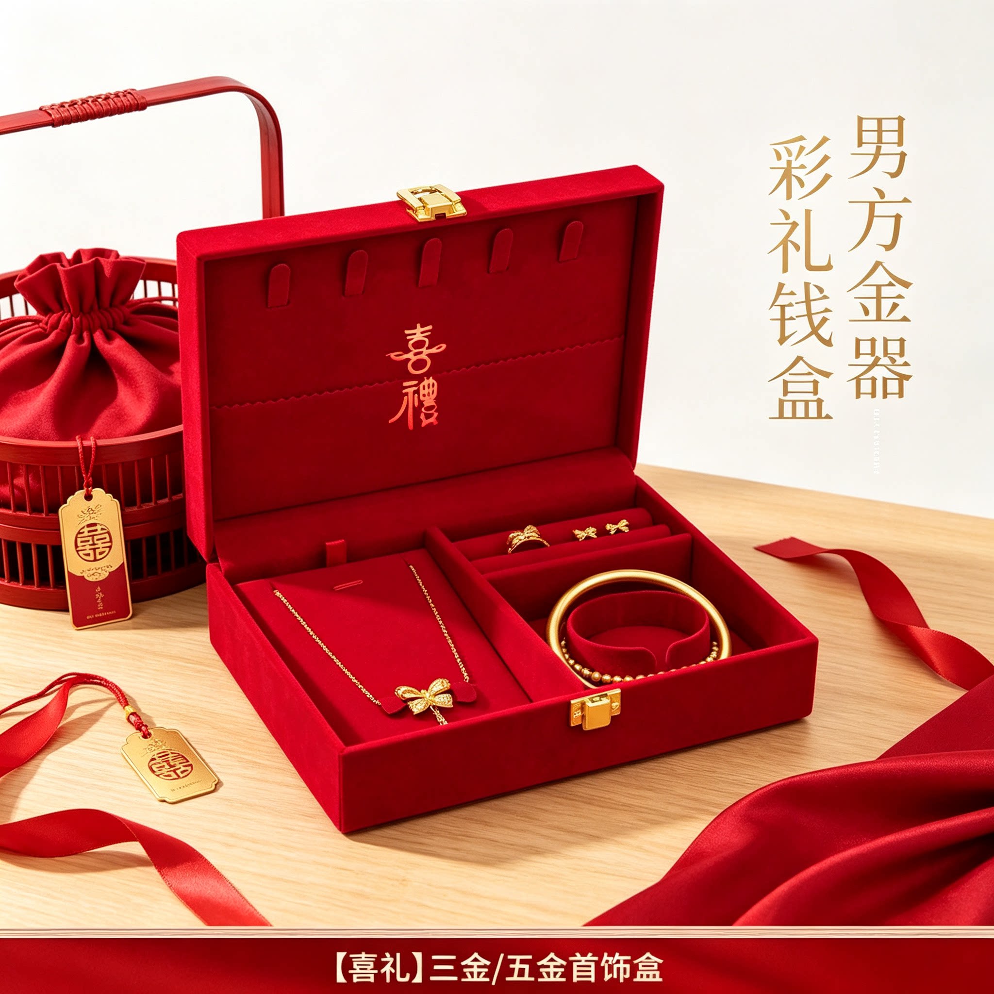 婚礼黄金首饰盒下聘用男方金器订婚结婚彩礼钱盒子酒红三金盒
