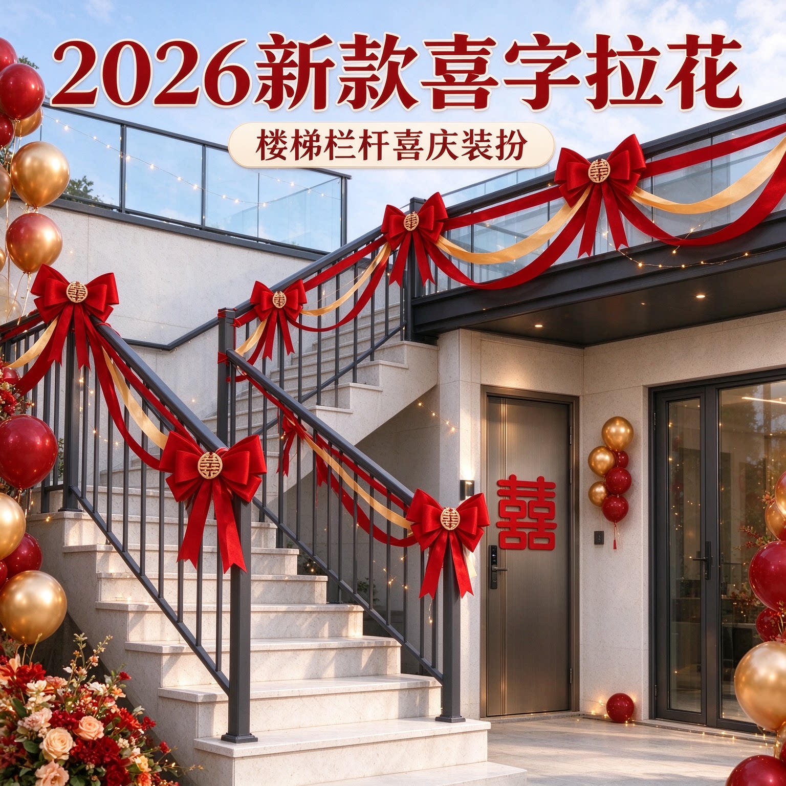 婚礼布置女方室外波浪旗2026新款喜字阳台栏杆婚房装扮婚庆装饰品