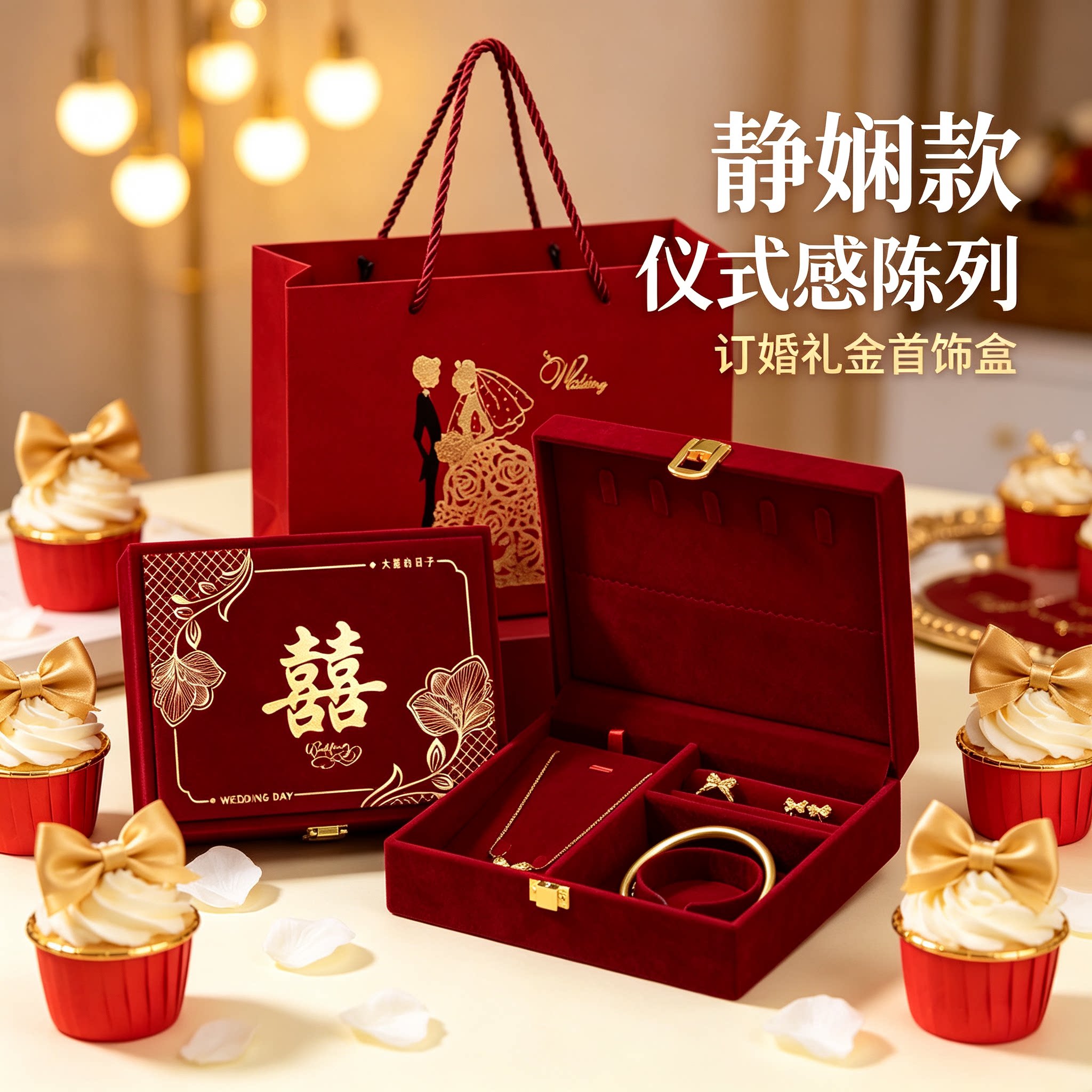 订婚黄金首饰盒放彩礼男方金器结婚钱盒子酒红质感婚礼五金盒