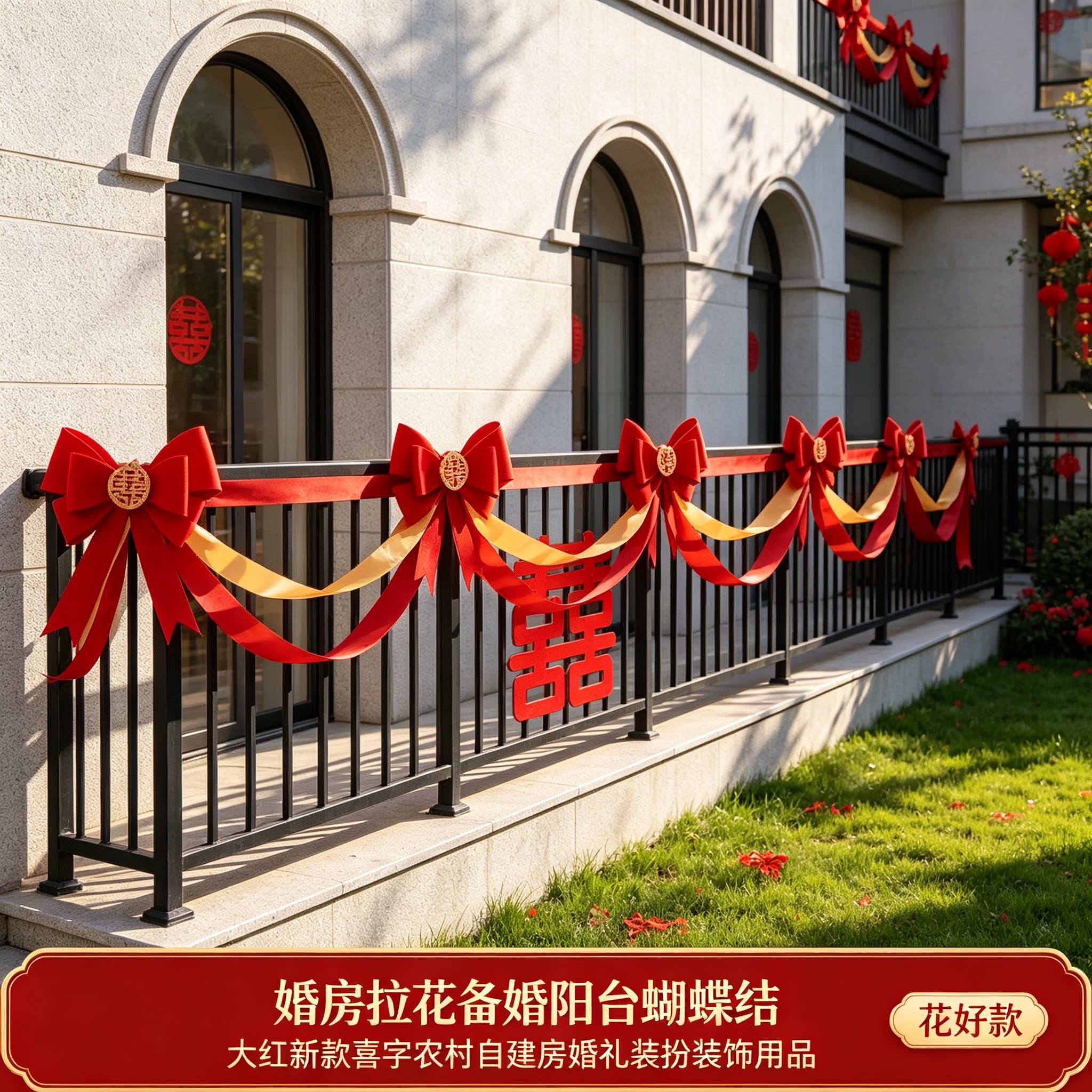 婚房拉花备婚阳台蝴蝶结大红新款喜字农村自建房婚礼装扮装饰用品