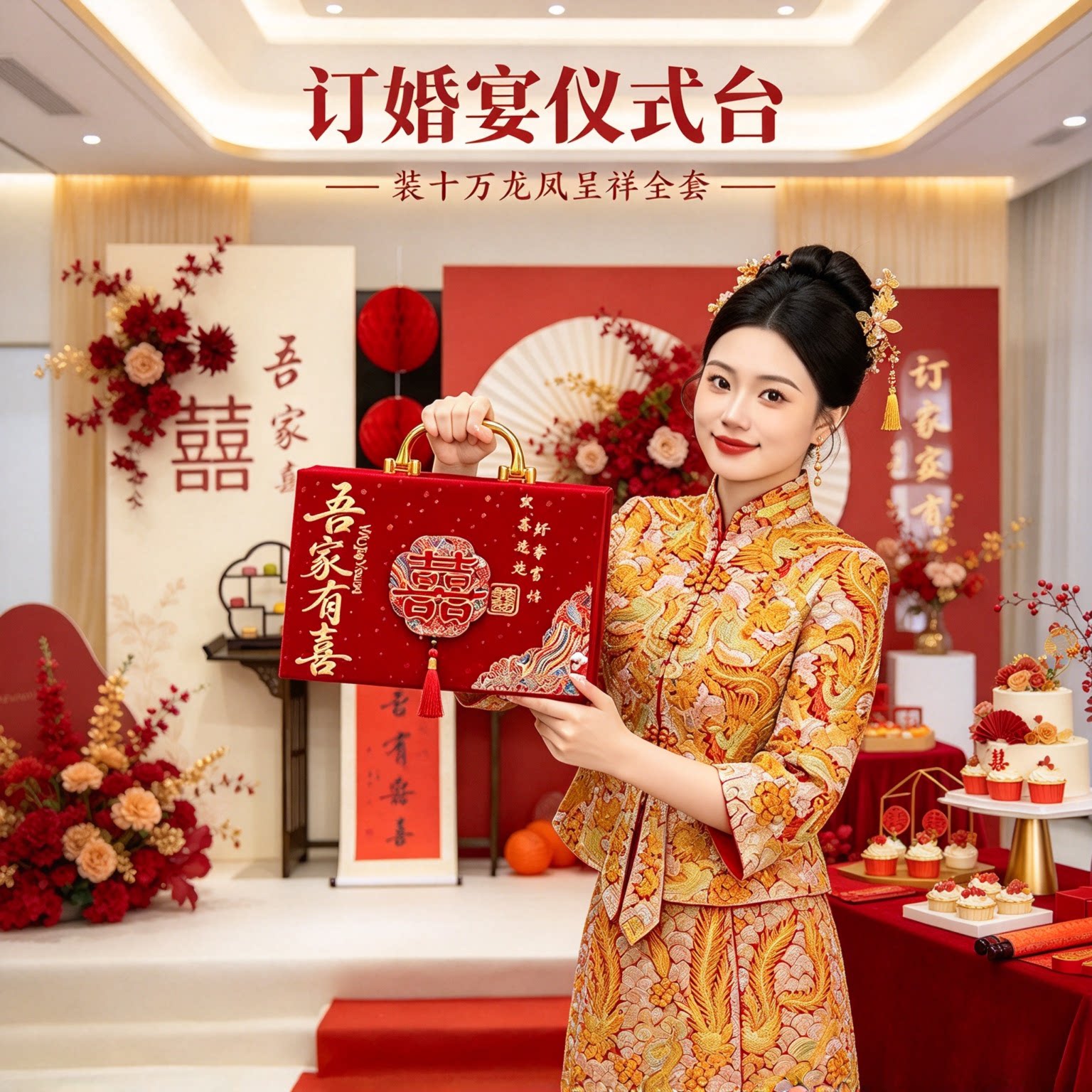 结婚彩礼箱礼金盒装十万龙凤呈祥全套男方上门提亲大红聘礼现金箱