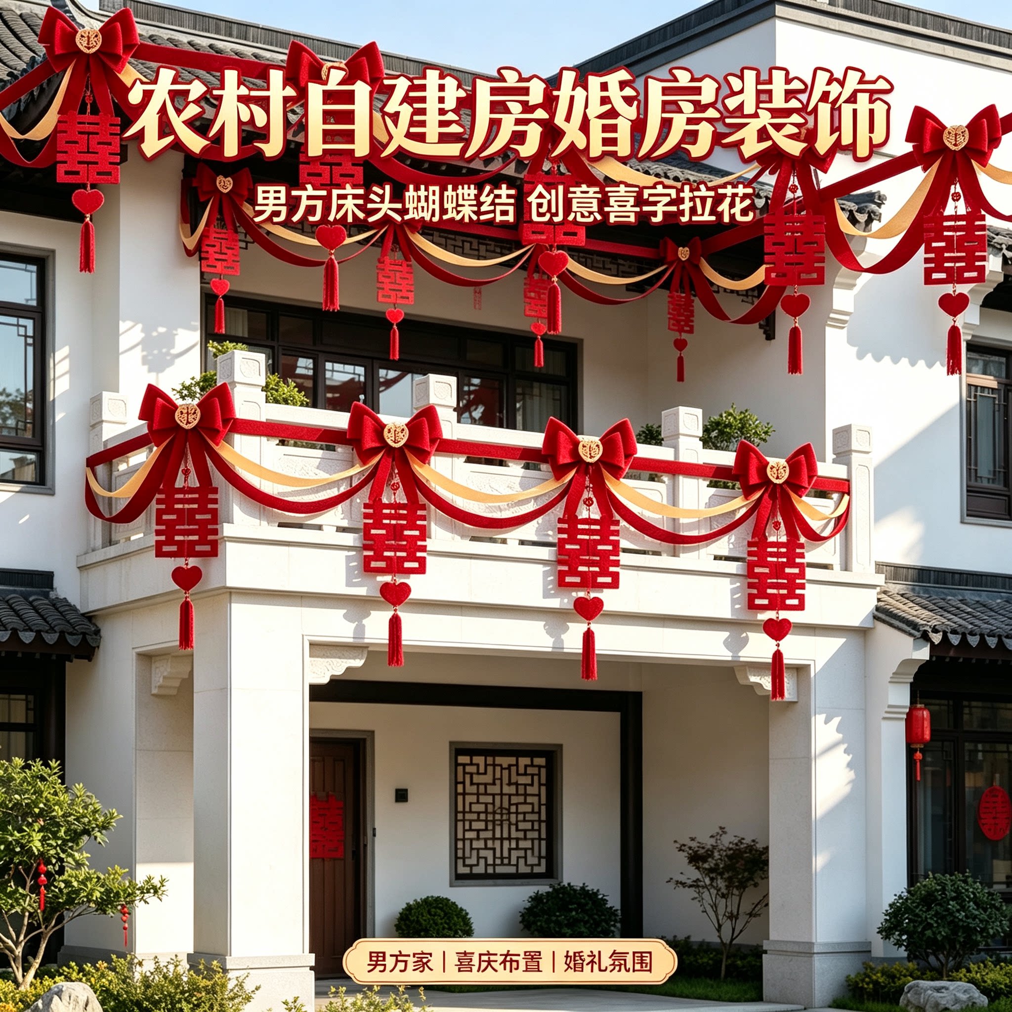 结婚拉花男方床头蝴蝶结创意新款喜字农村自建房场景布置装饰用品