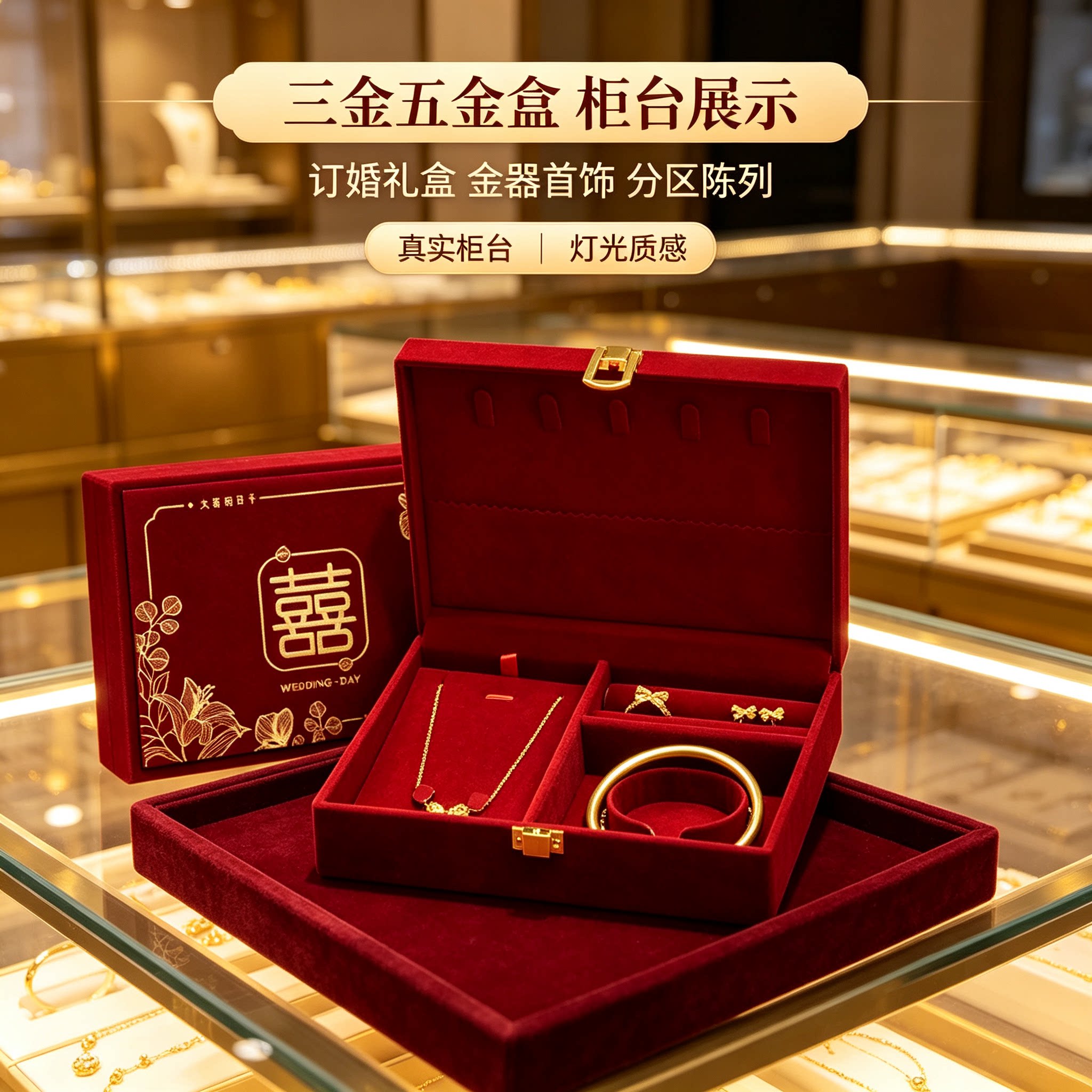 结婚金器盒男方黄金首饰订婚彩礼钱盒子酒红质感婚礼三金五金盒