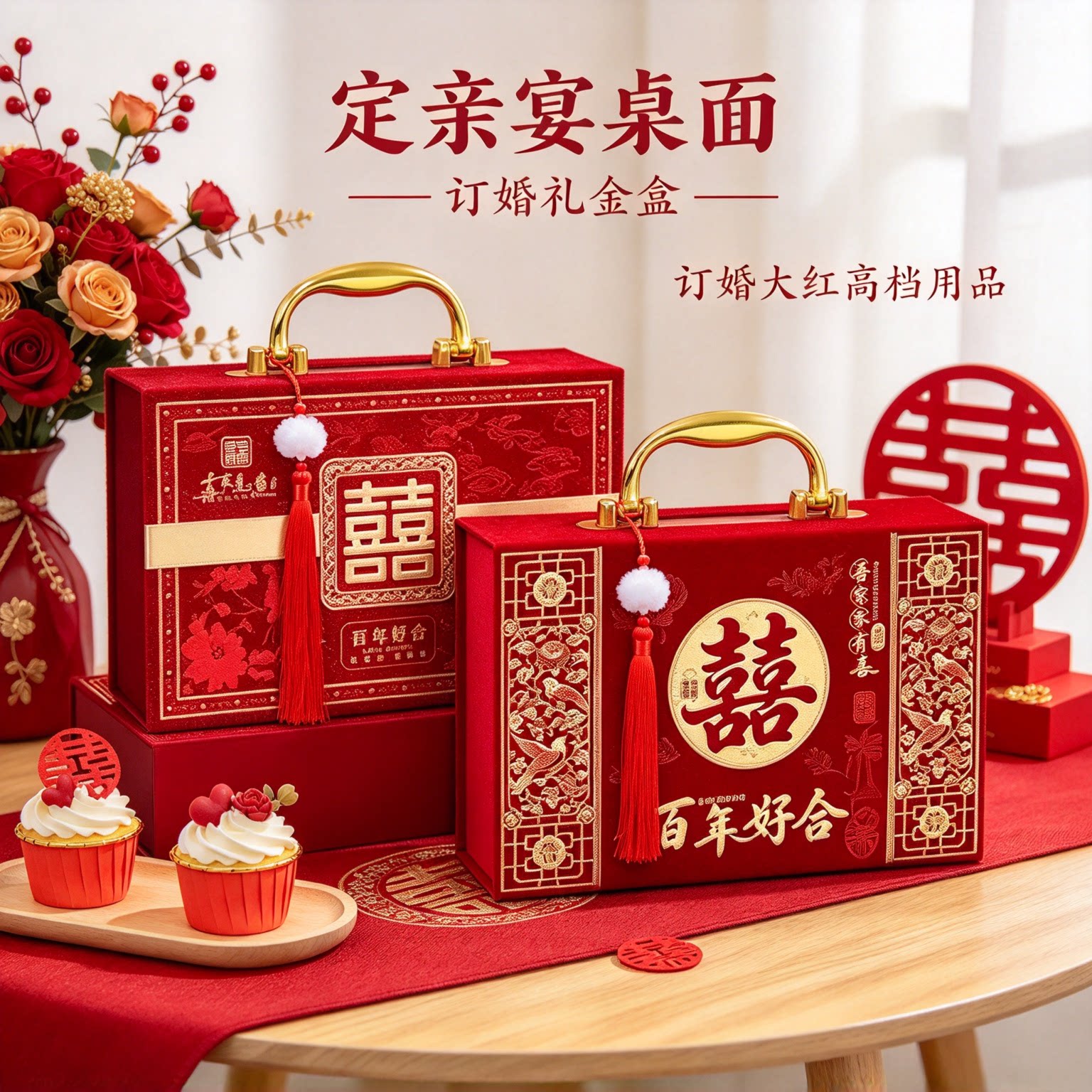 结婚彩礼箱礼金盒十二万八手提全套男方上门提亲大红高档用品大全
