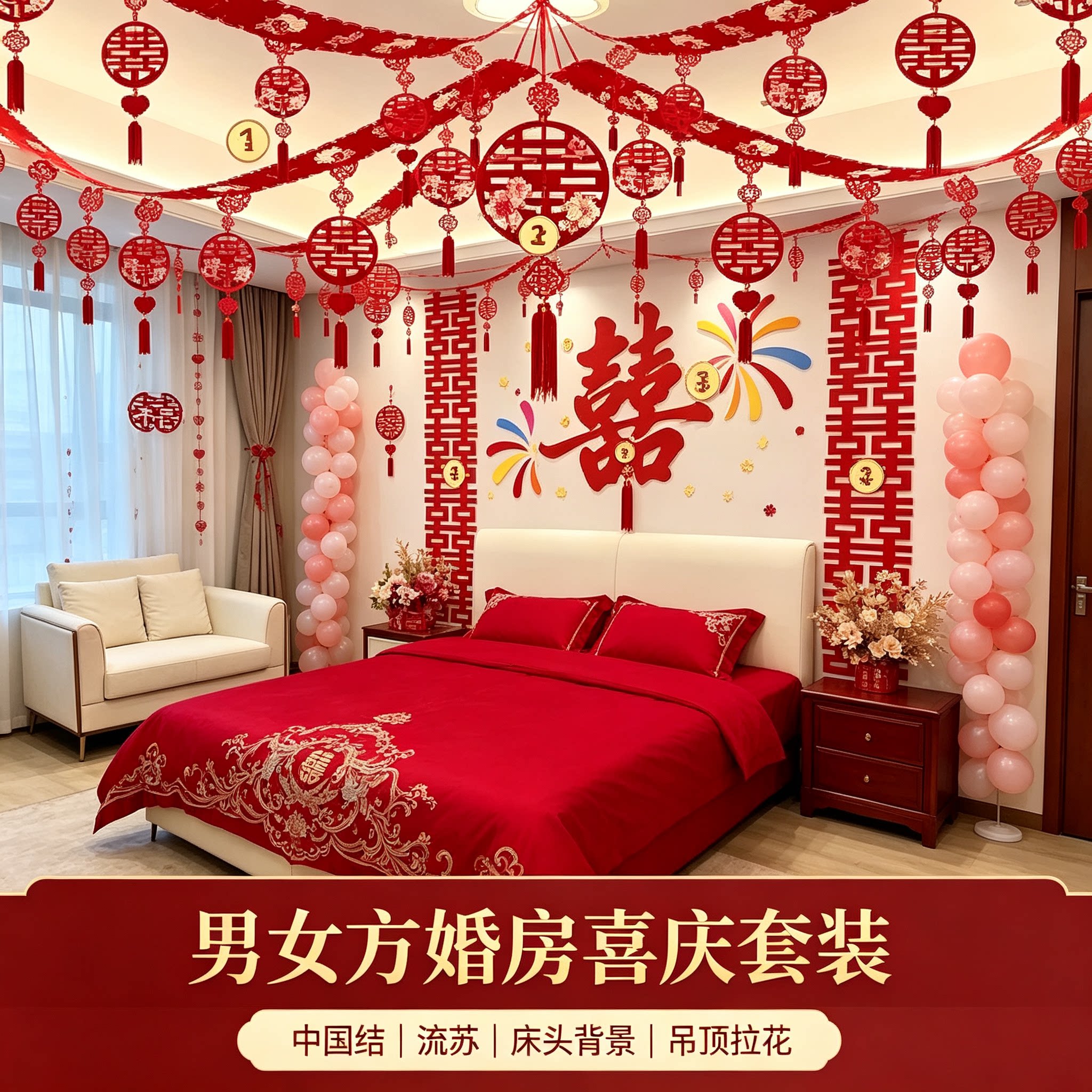卧室床头喜字背景墙结婚礼中国结男女方婚房吊顶拉花流苏