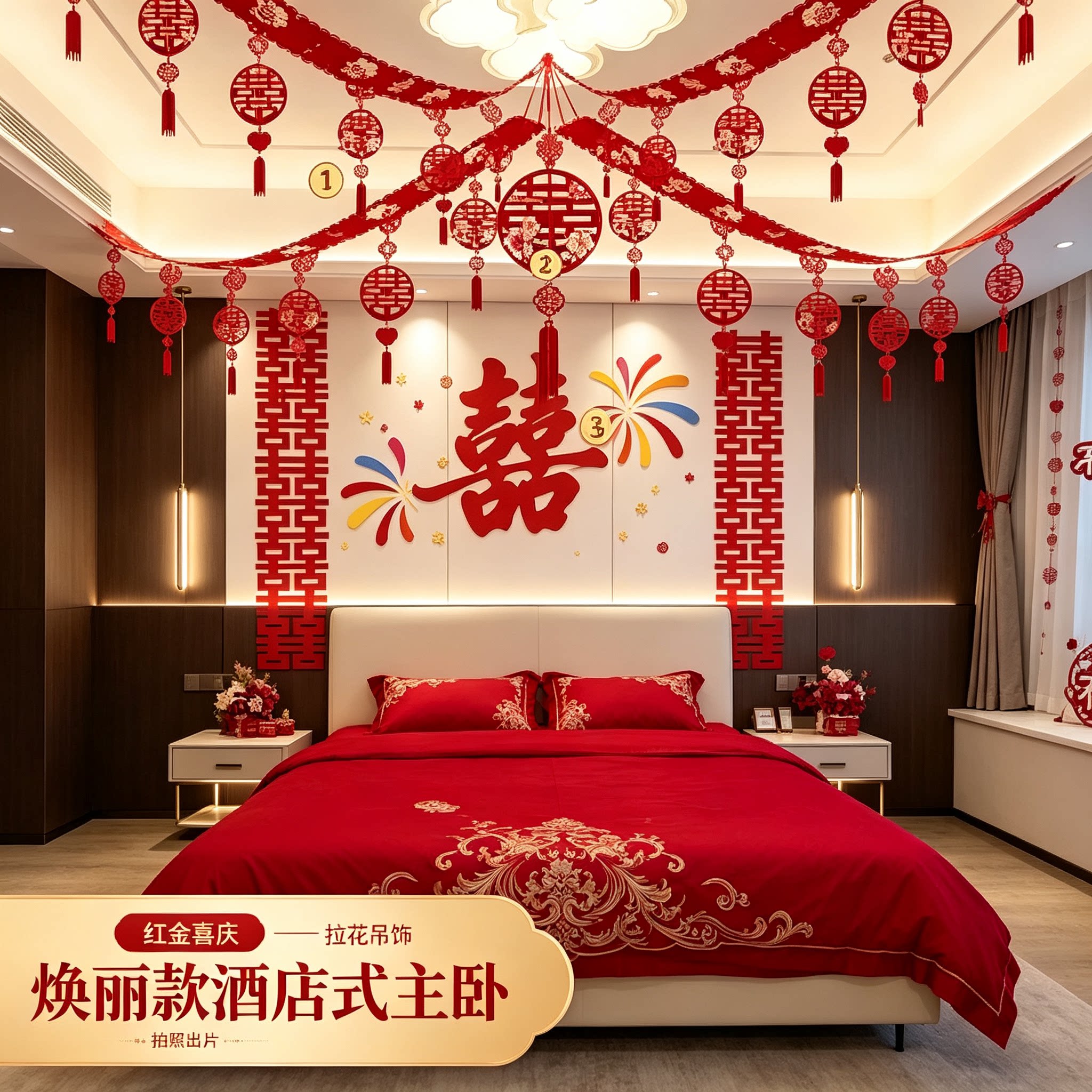 结婚婚房卧室床头喜字背景墙出片男女方吊顶拉花拍照好看套