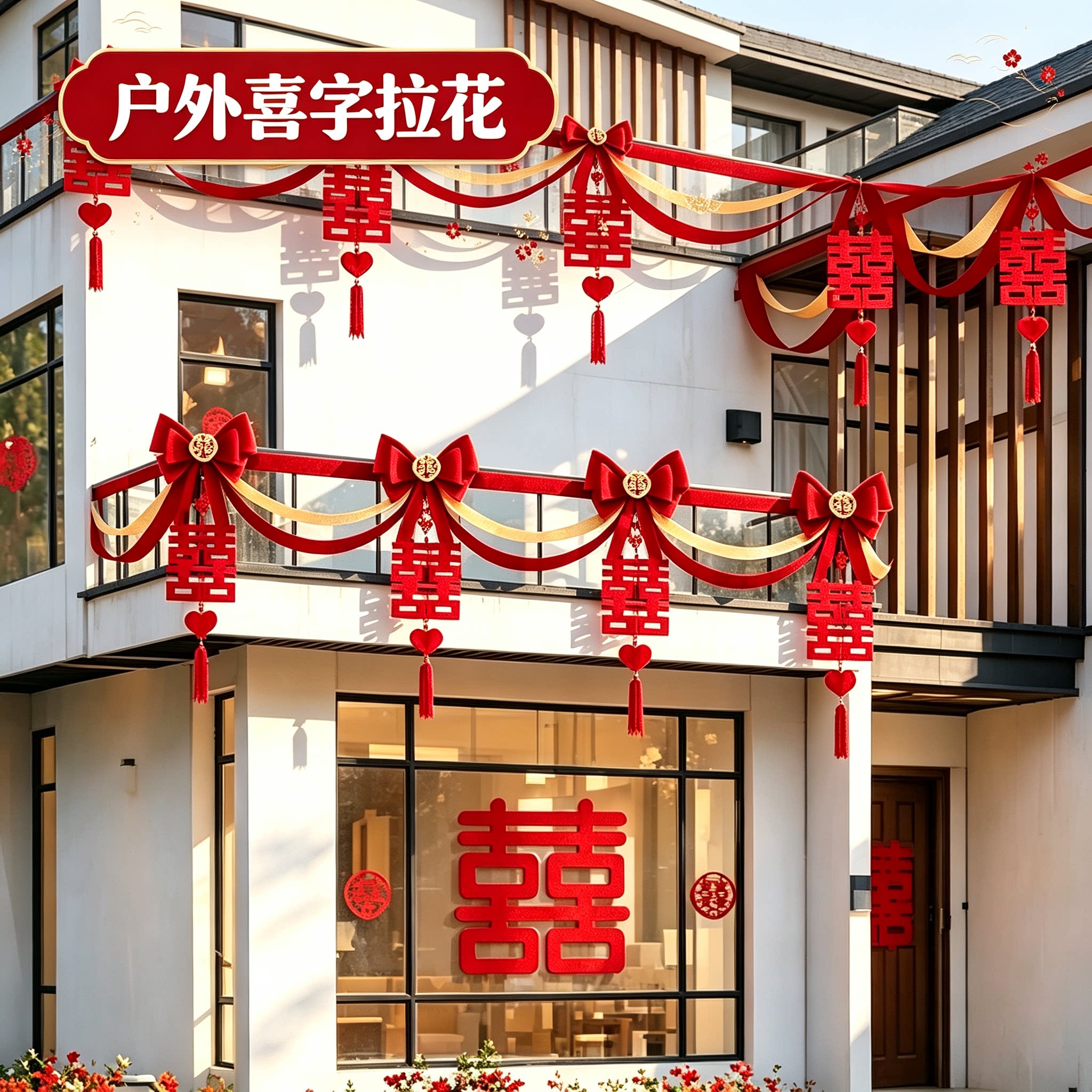 结婚拉花新人楼梯蝴蝶结新款大红喜字客厅背景墙婚房装扮装饰用品