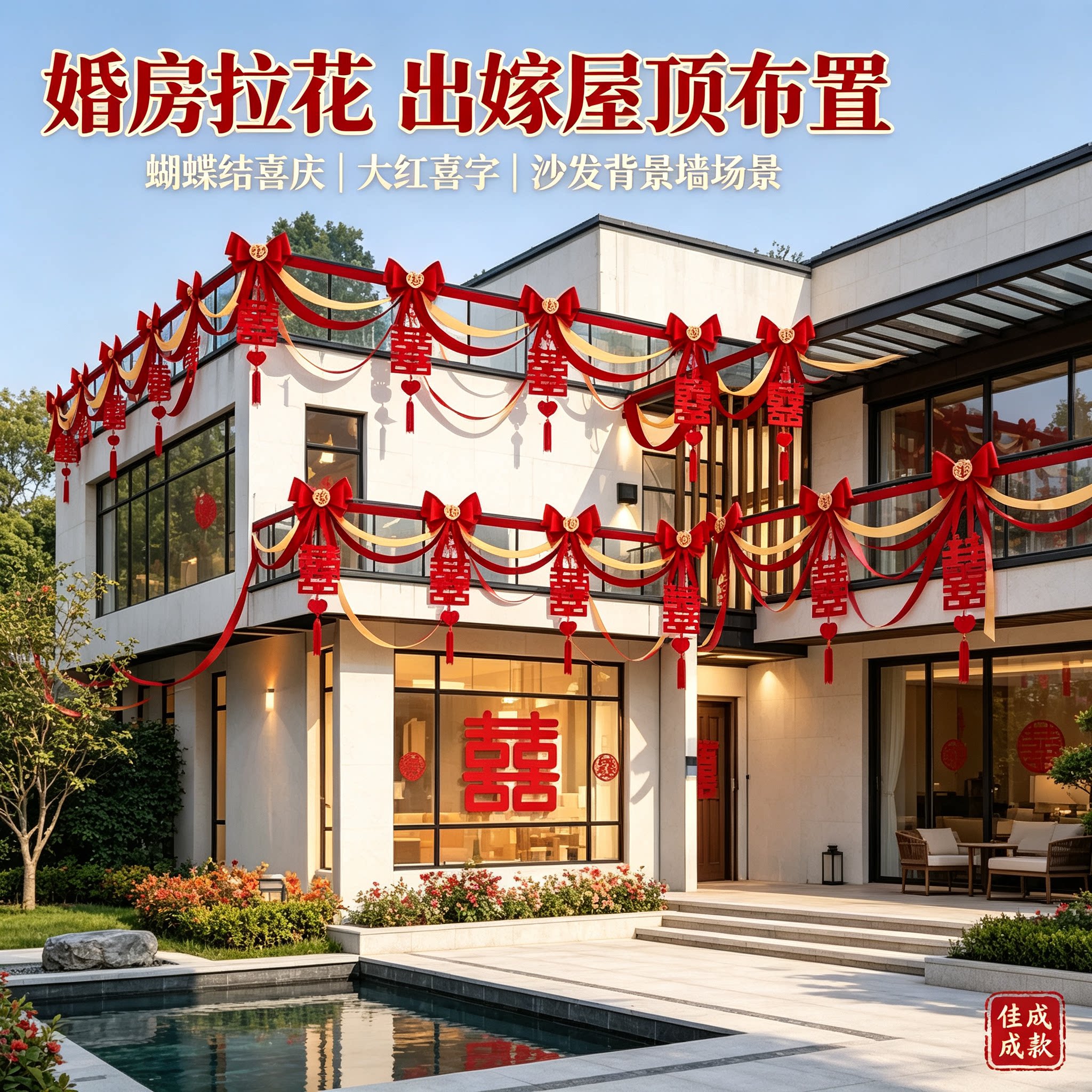婚房拉花出嫁屋顶蝴蝶结喜庆大红喜字沙发背景墙场景布置装扮用品