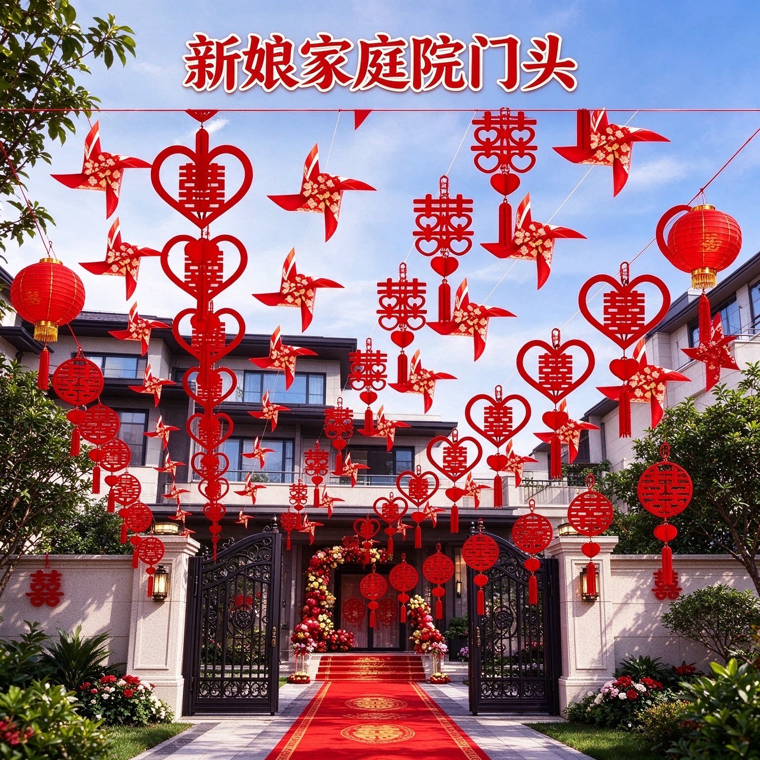结婚彩带拉花新娘家庭院户外40个风车2026新款婚礼院子装饰布置