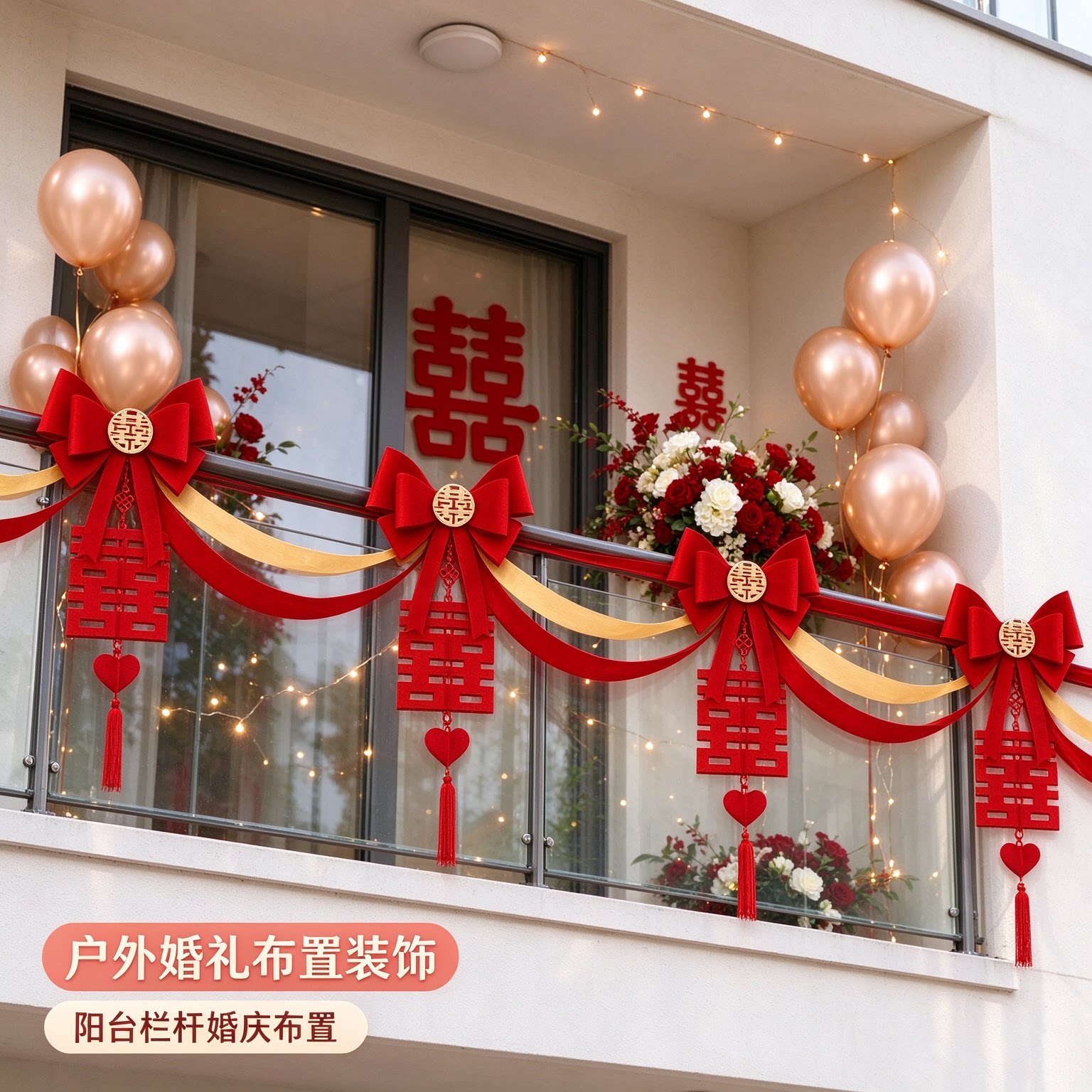 长条喜字女方楼梯波浪旗蝴蝶结红色喜庆户外婚礼布置装饰装扮用品