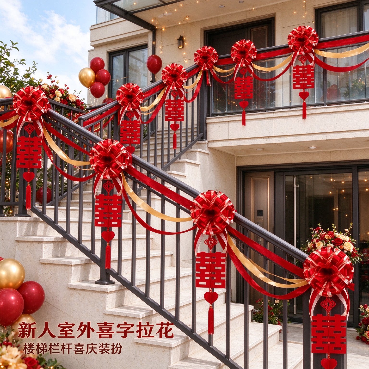 拉花彩带新人室外喜字氛围感长条沙发背景墙婚房装扮婚礼场景布置