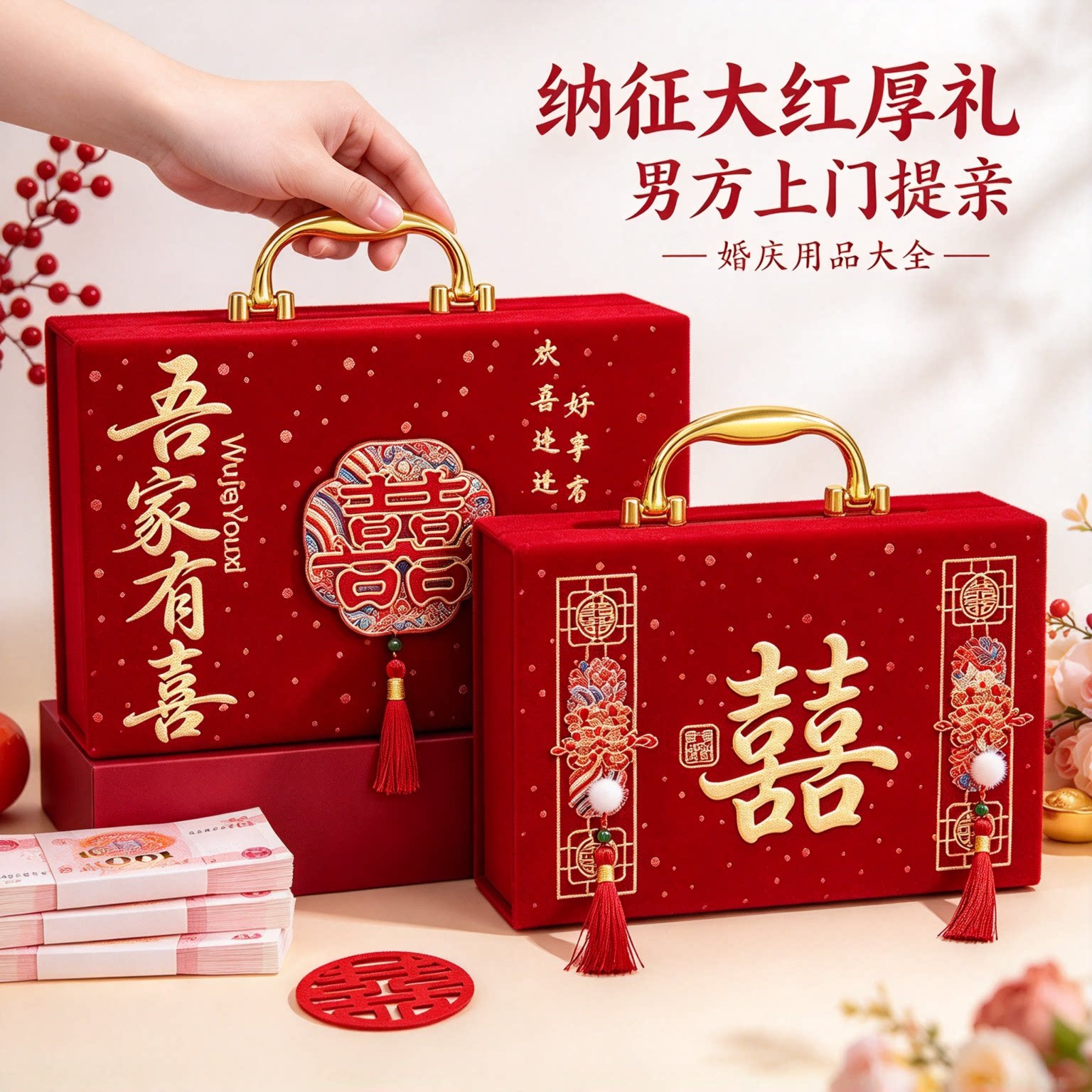 彩礼现金礼盒提亲用十二万八2026年新款四件套纳征大红厚礼钱盒子