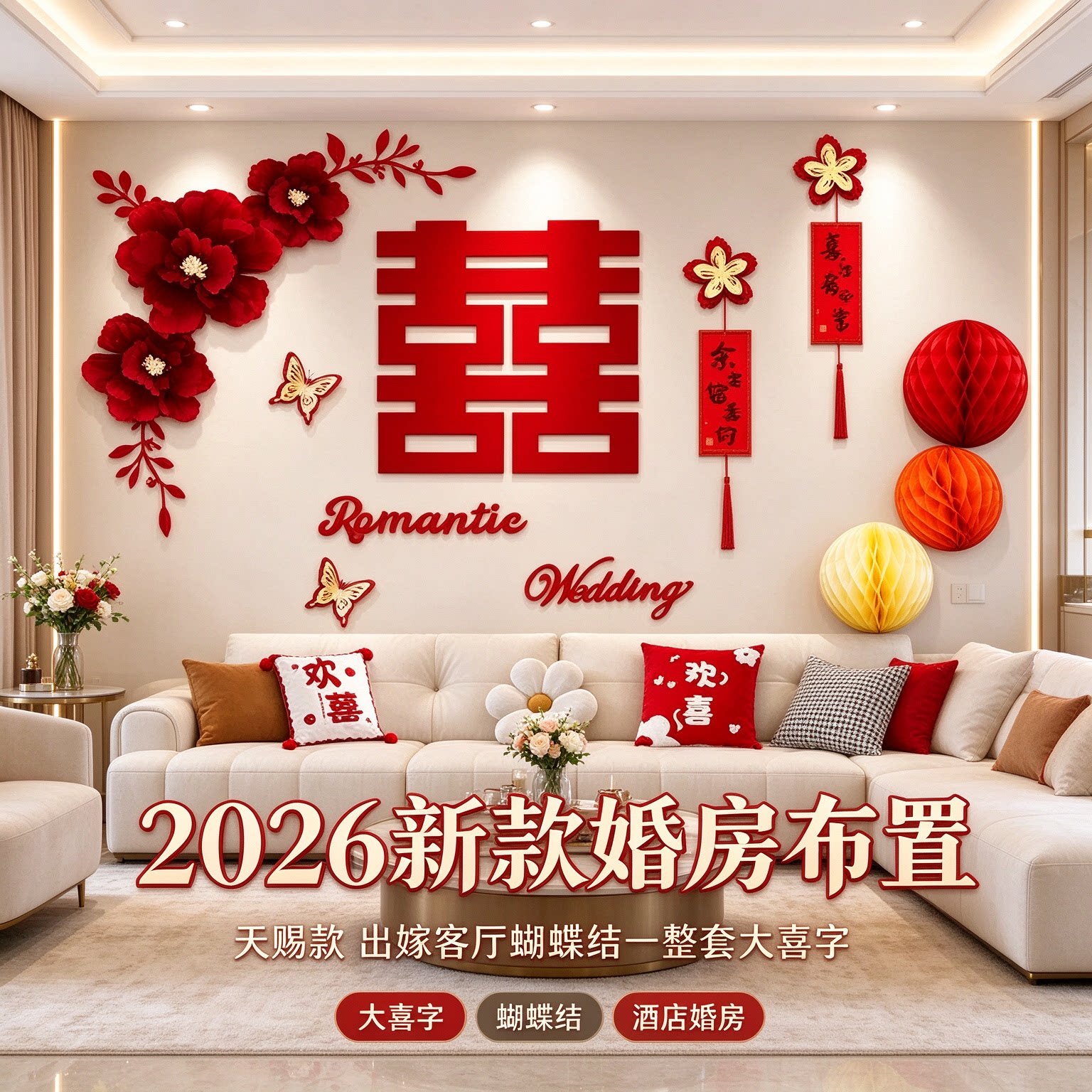2026新款婚房布置出嫁客厅蝴蝶结一整套大喜字卧室墙面婚庆装饰品