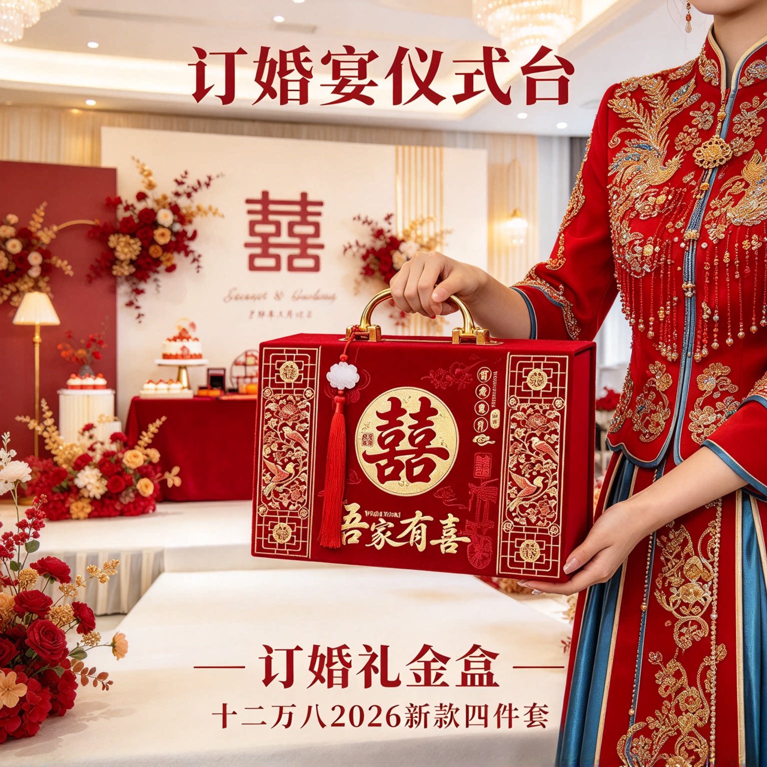 彩礼现金礼盒提亲用十二万八2026年新款四件套定亲宴红色好礼箱子