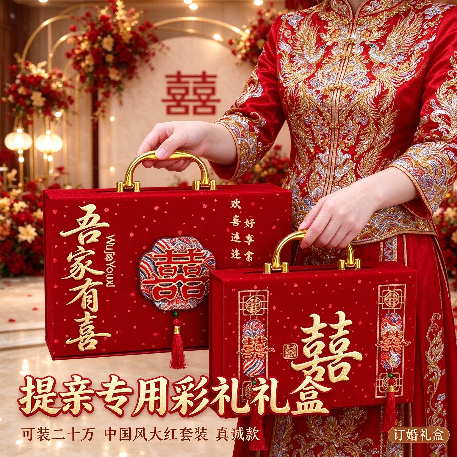 彩礼现金礼盒提亲专用可装20万中国风套装女儿出嫁大红厚礼钱盒子