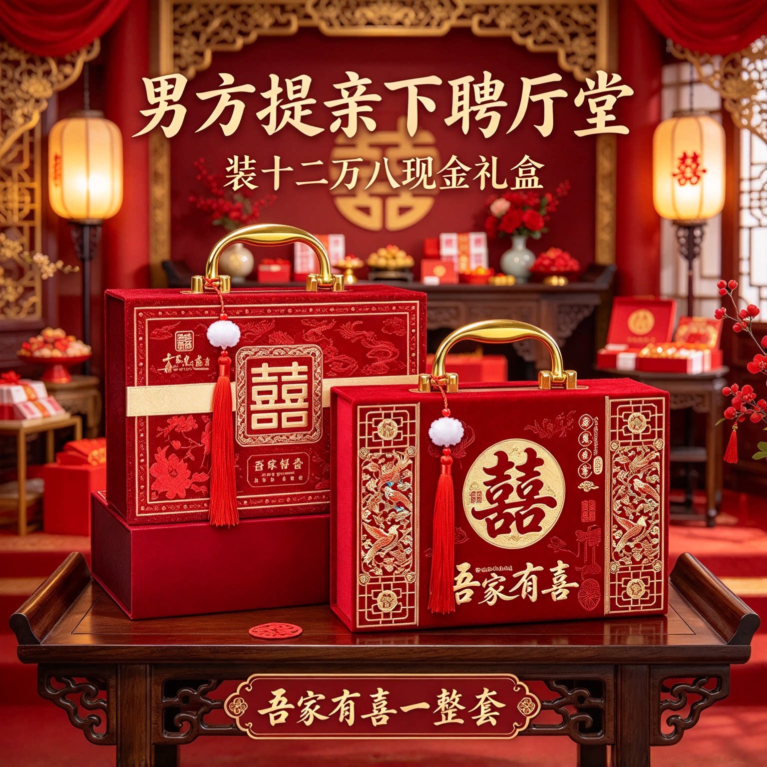 彩礼现金礼盒提亲用十二万八吾家有喜一整套嫁妆红色礼金用品大全