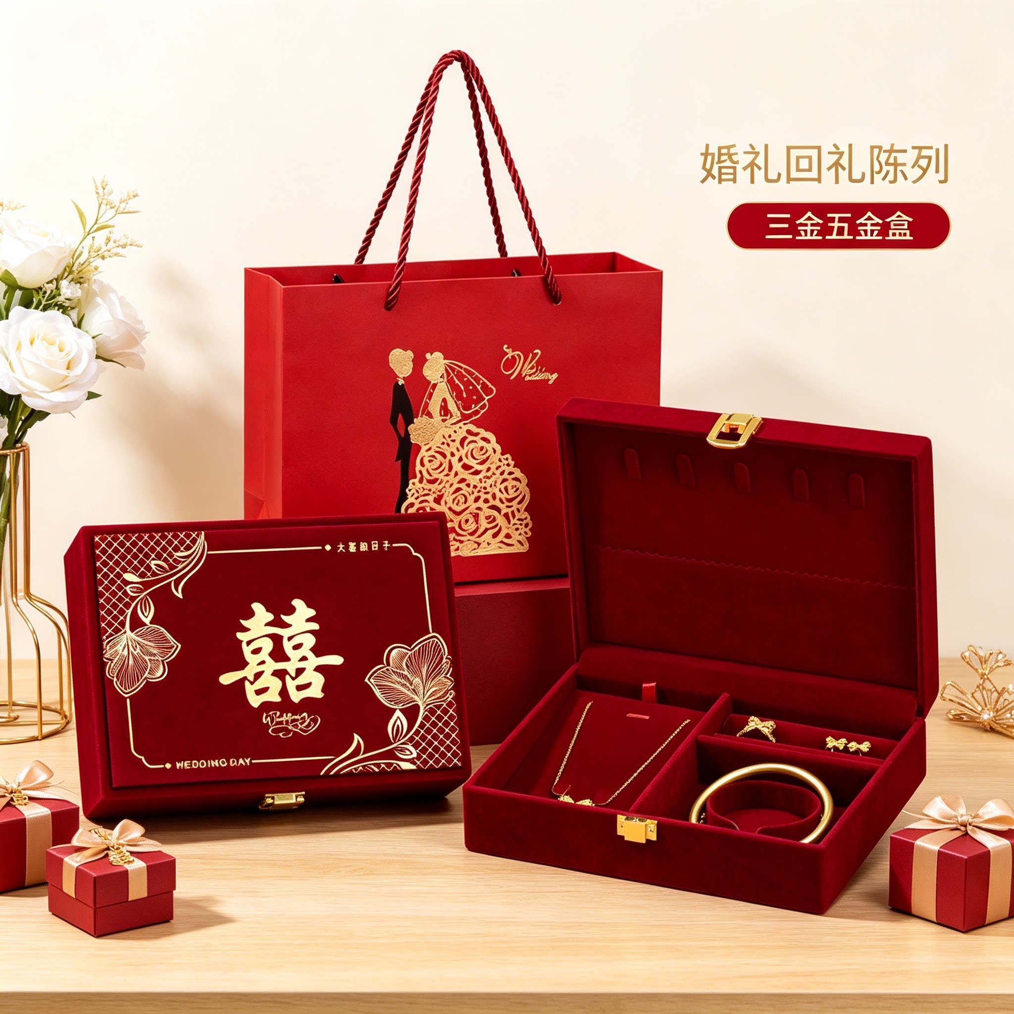 婚礼首饰盒男方金器订婚结婚彩礼钱盒子酒红质感黄金三金五金盒