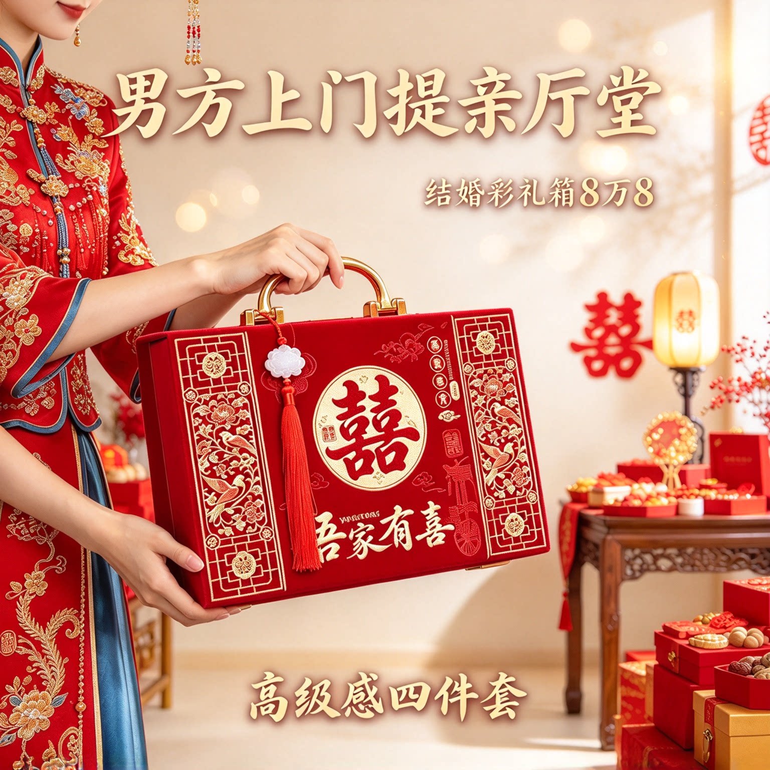 结婚彩礼箱礼金盒8万8高级感四件套男方上门提亲红色佳礼用品大全