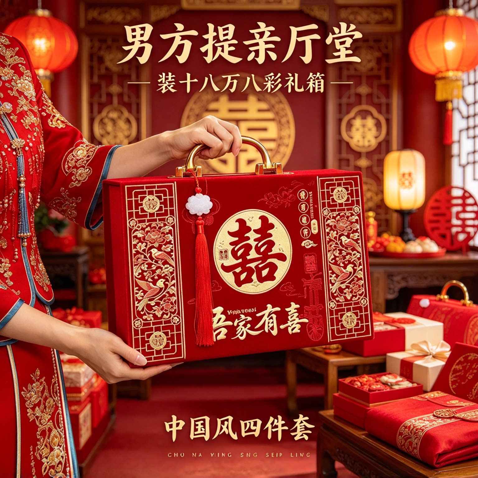 结婚彩礼箱礼金盒十八万八中国风四件套男方提亲大红全套用品大全