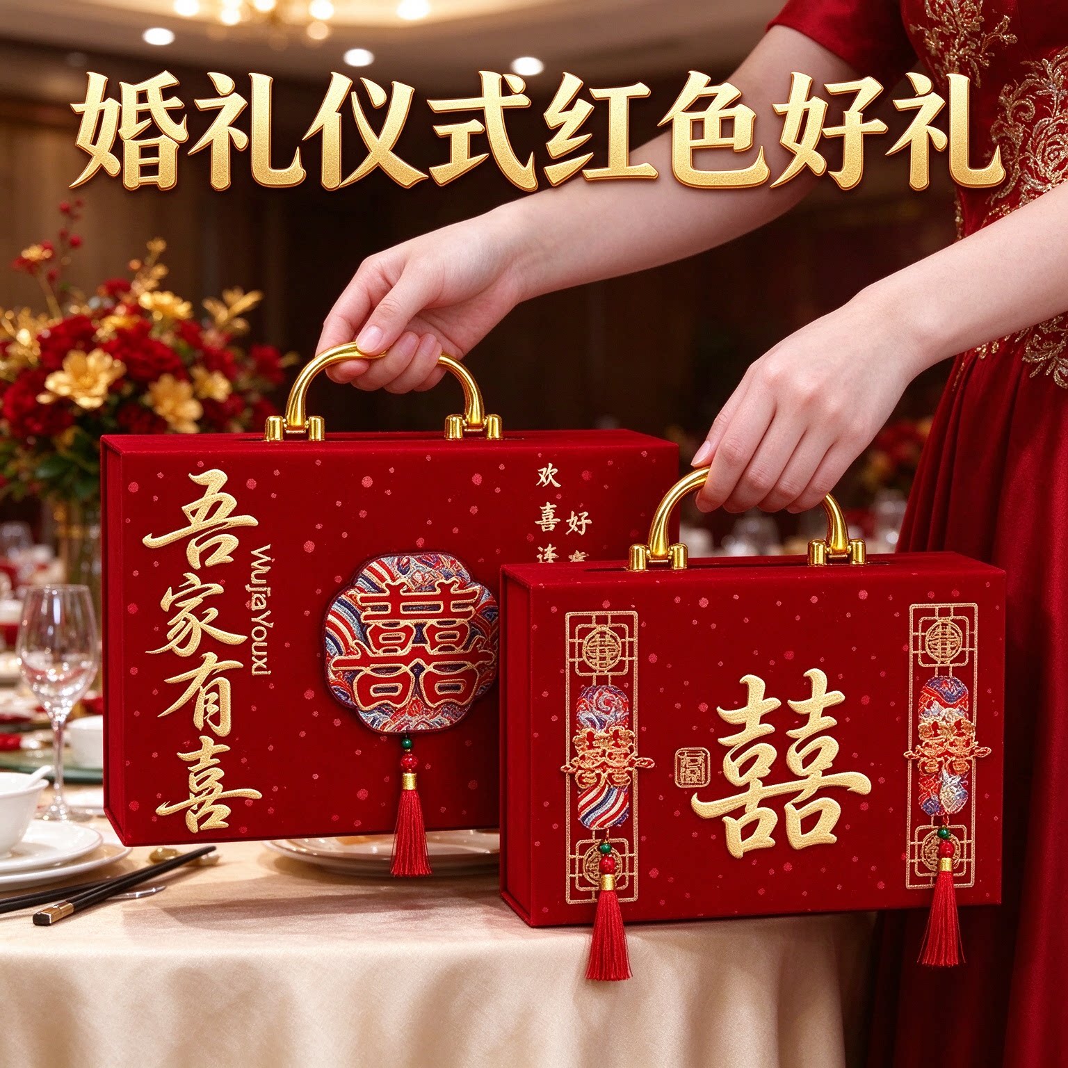 彩礼现金礼盒高级感十八万八高档五件套婚礼仪式红色好礼用品大全