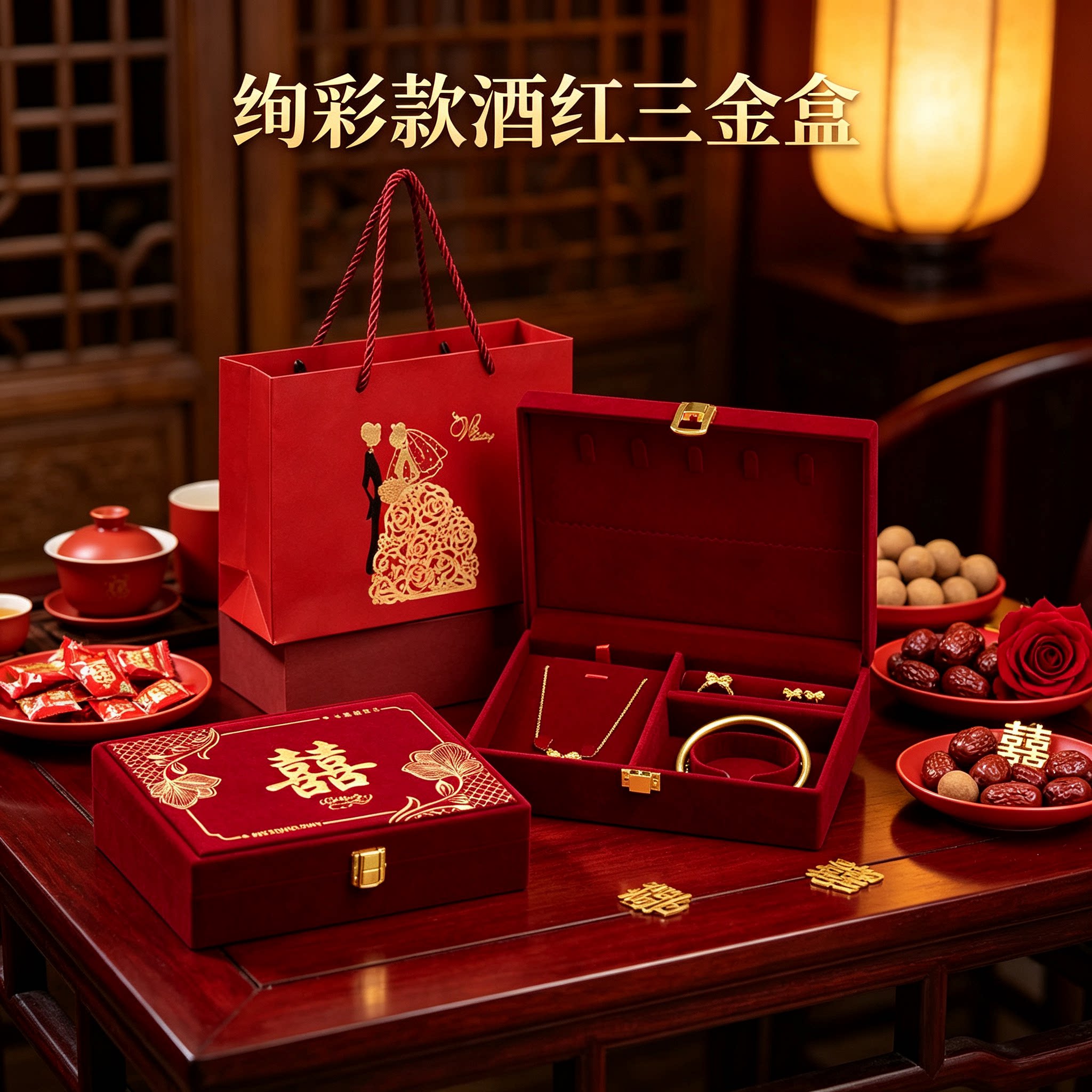 酒红黄金首饰盒植绒男方金器订婚结婚彩礼钱盒子婚礼三金盒