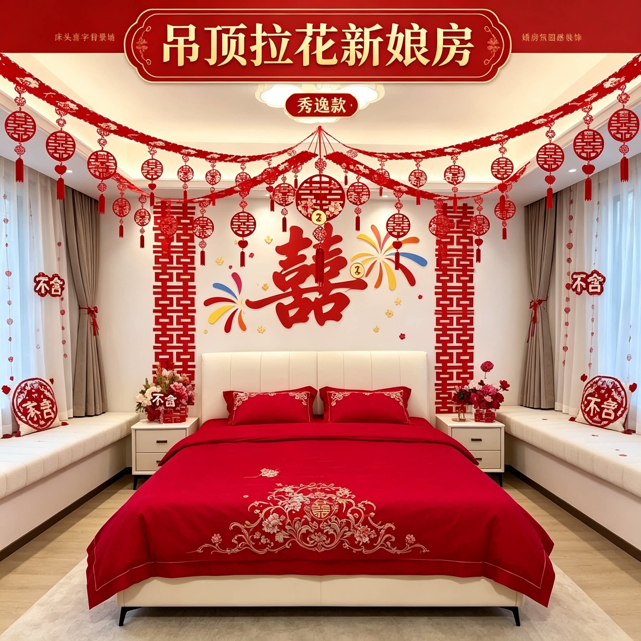 吊顶拉花新娘房结婚礼床头喜字背景墙婚房氛围感装饰