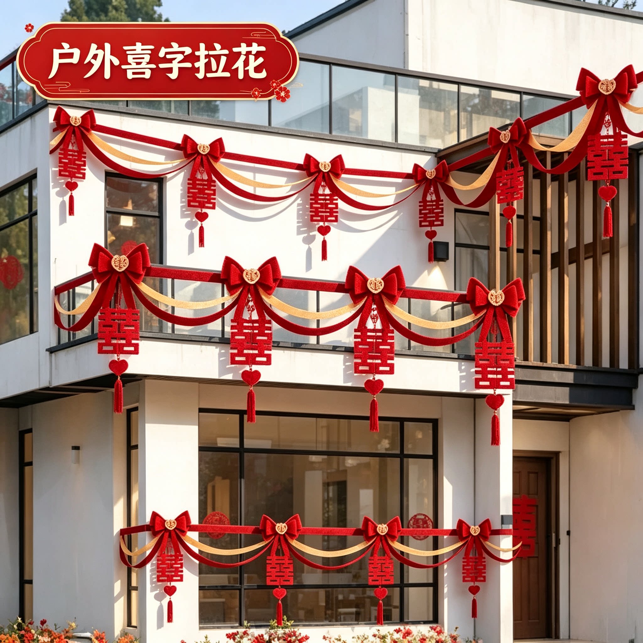 婚房布置新人房门波浪旗简约大红喜字农村自建房婚庆装饰拉花用品