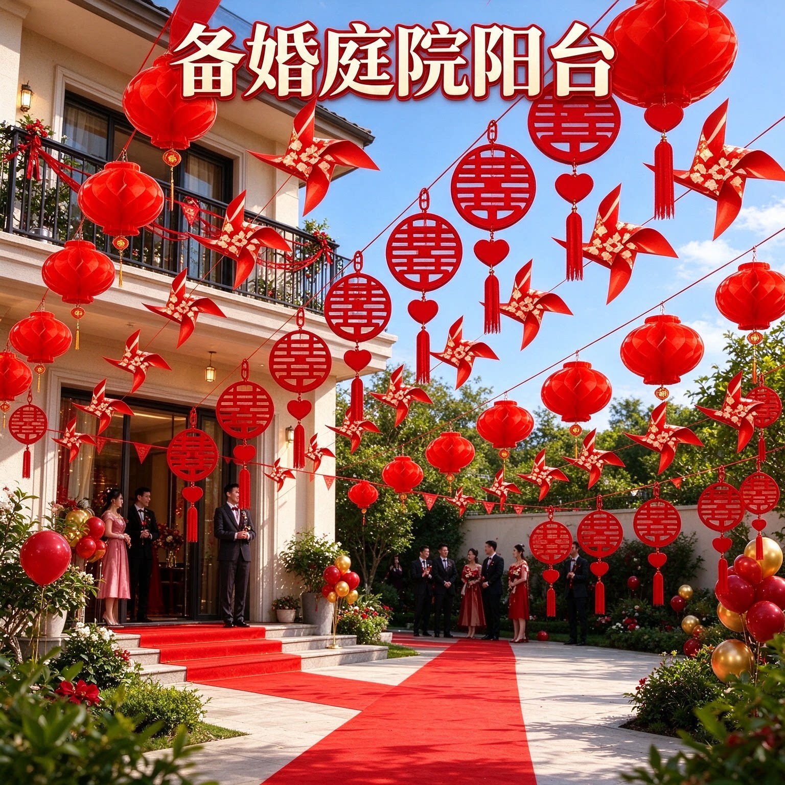 结婚彩带拉花备婚庭院户外彩旗灯笼风车高级感院子装饰用品大全