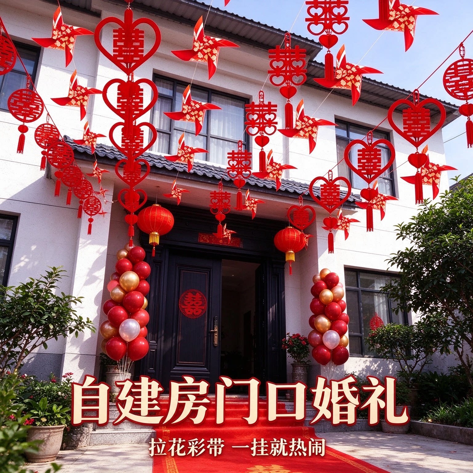 结婚彩带拉花新郎家新房彩旗灯笼风车2026新款院子婚礼布置装饰