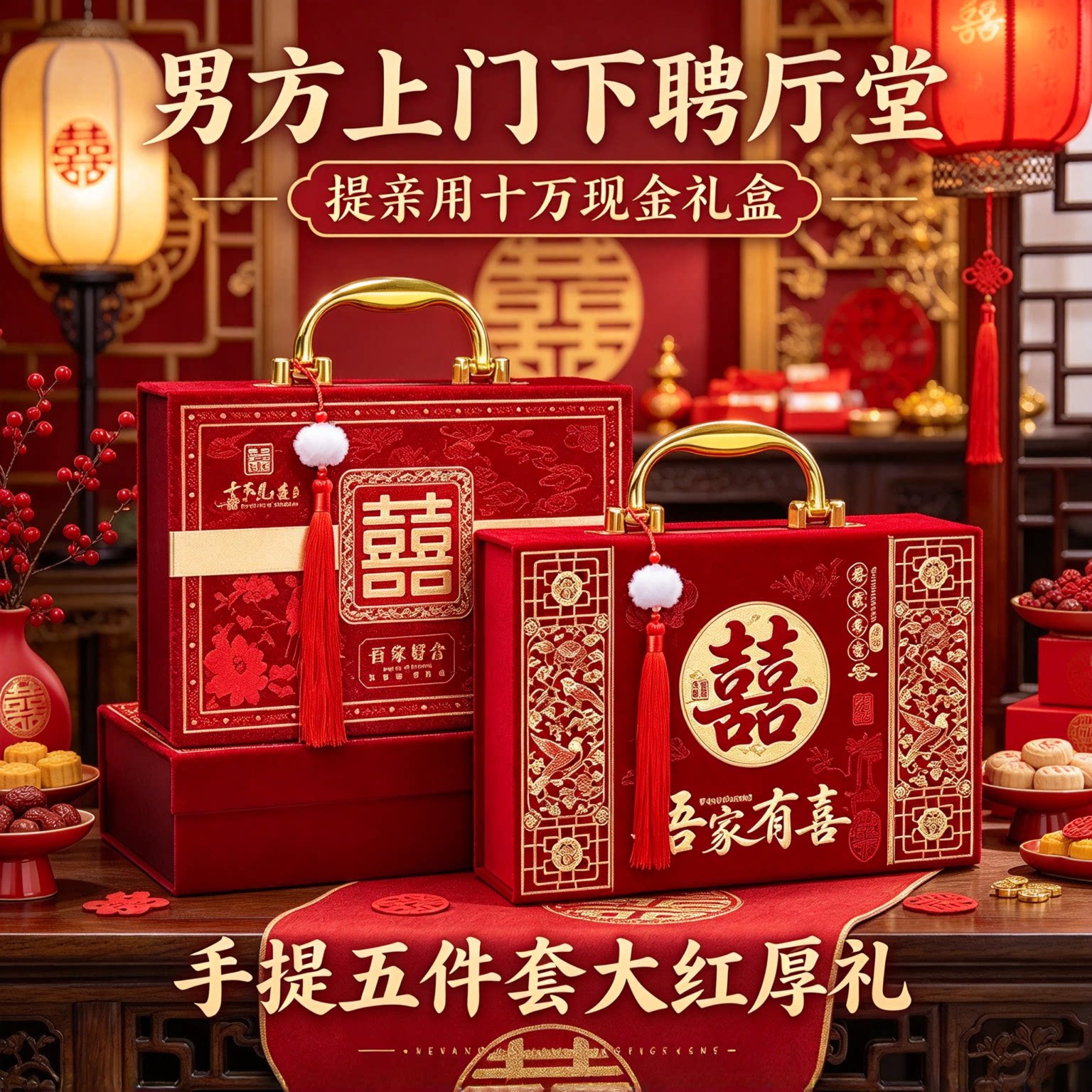 彩礼现金礼盒提亲用十万手提五件套男方上门下聘大红厚礼用品大全