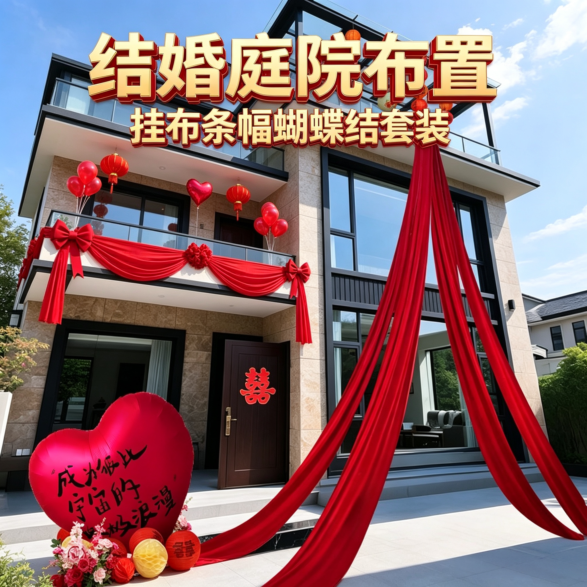 农村别墅结婚庭院布置挂布条幅自建房院子婚礼室外蝴蝶结拉花用品