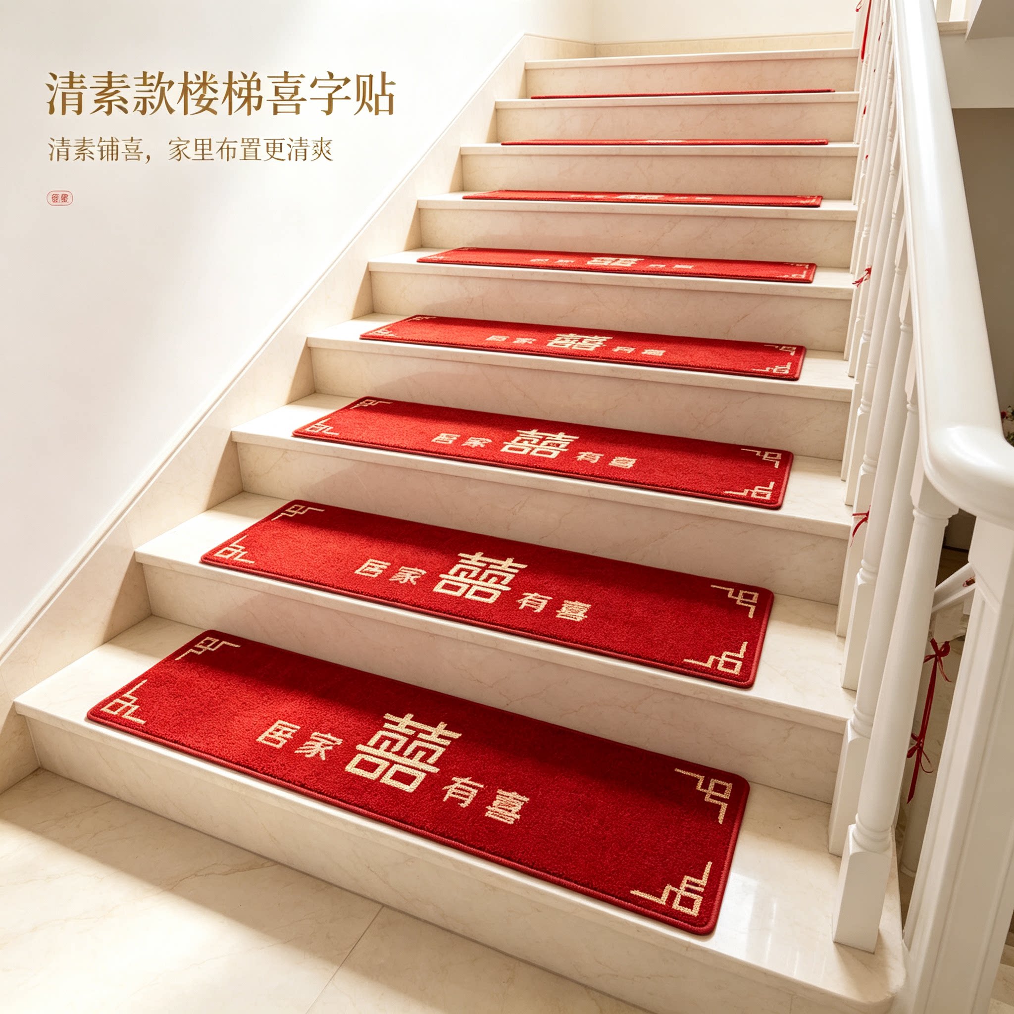 婚房布置台阶地毯装饰结婚男方婚礼扶手楼梯喜字贴婚庆地垫