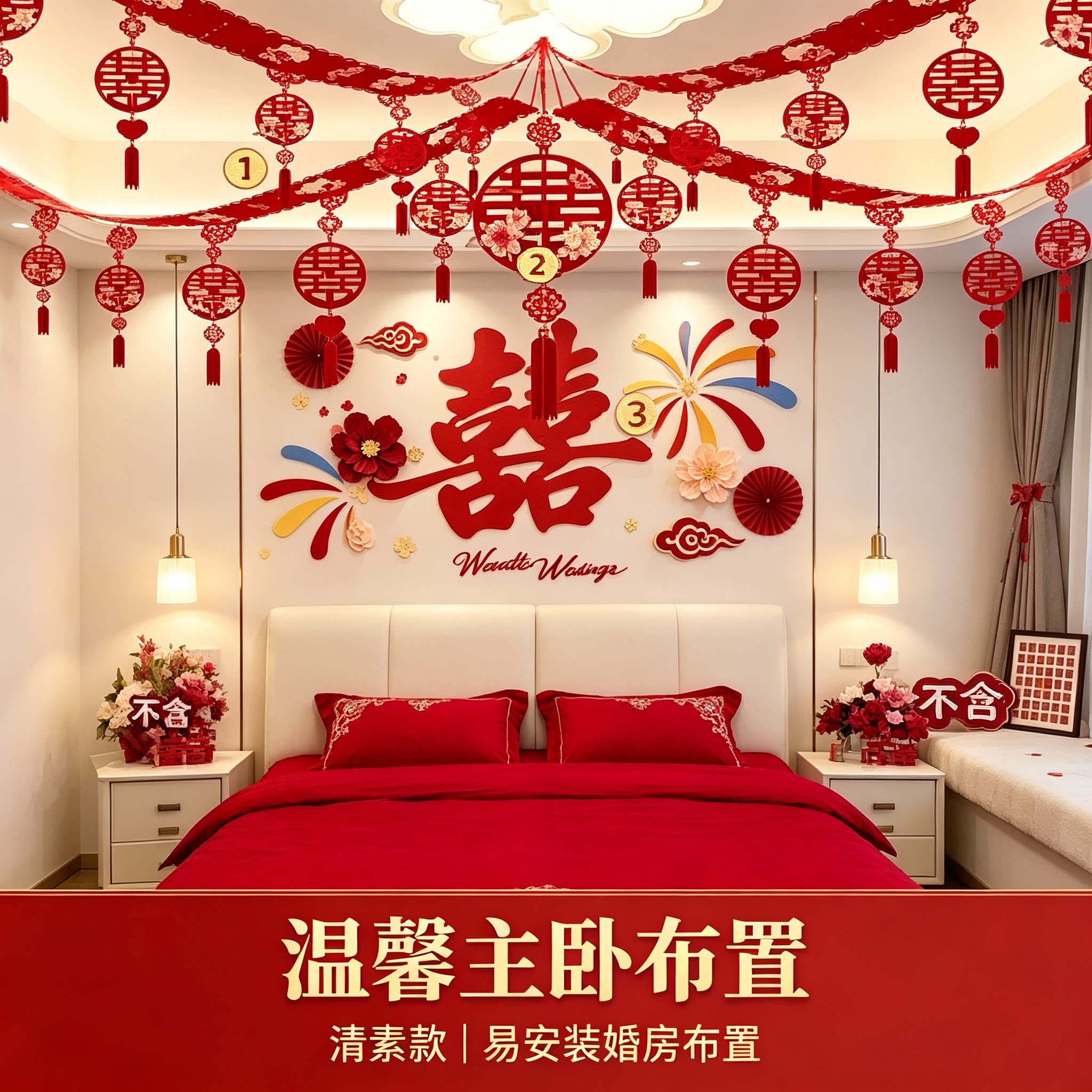 结婚婚房卧室床头喜字背景墙易安装男女方吊顶拉花氛围感布置