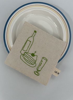 le serein原创设计法式刺绣cheers图案棉布艺方形杯垫餐垫