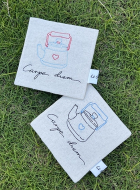 le serein原创设计茶壶刺绣布艺棉杯垫隔热垫茶席桌面道具