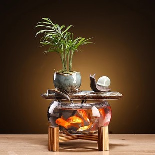 创意流水循环招财摆件流水喷泉小型玻璃鱼缸客厅办公室桌面装 饰品