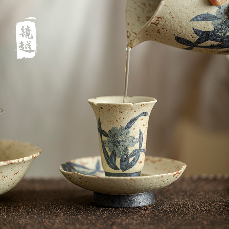 镜越青花火石红茶杯覆古釉手绘墨蓝百合高档闻香杯套杯女士品茗杯
