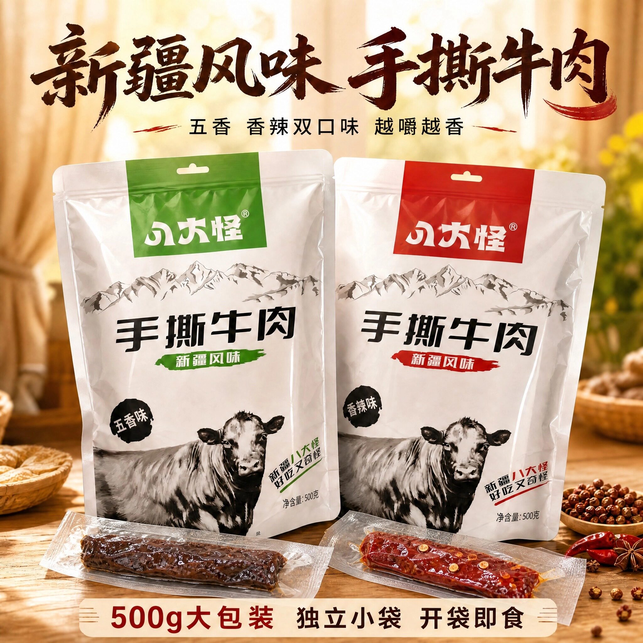 新疆八大怪手撕风味牛肉干500g袋装香辣五香味牛肉零食小包装熟食