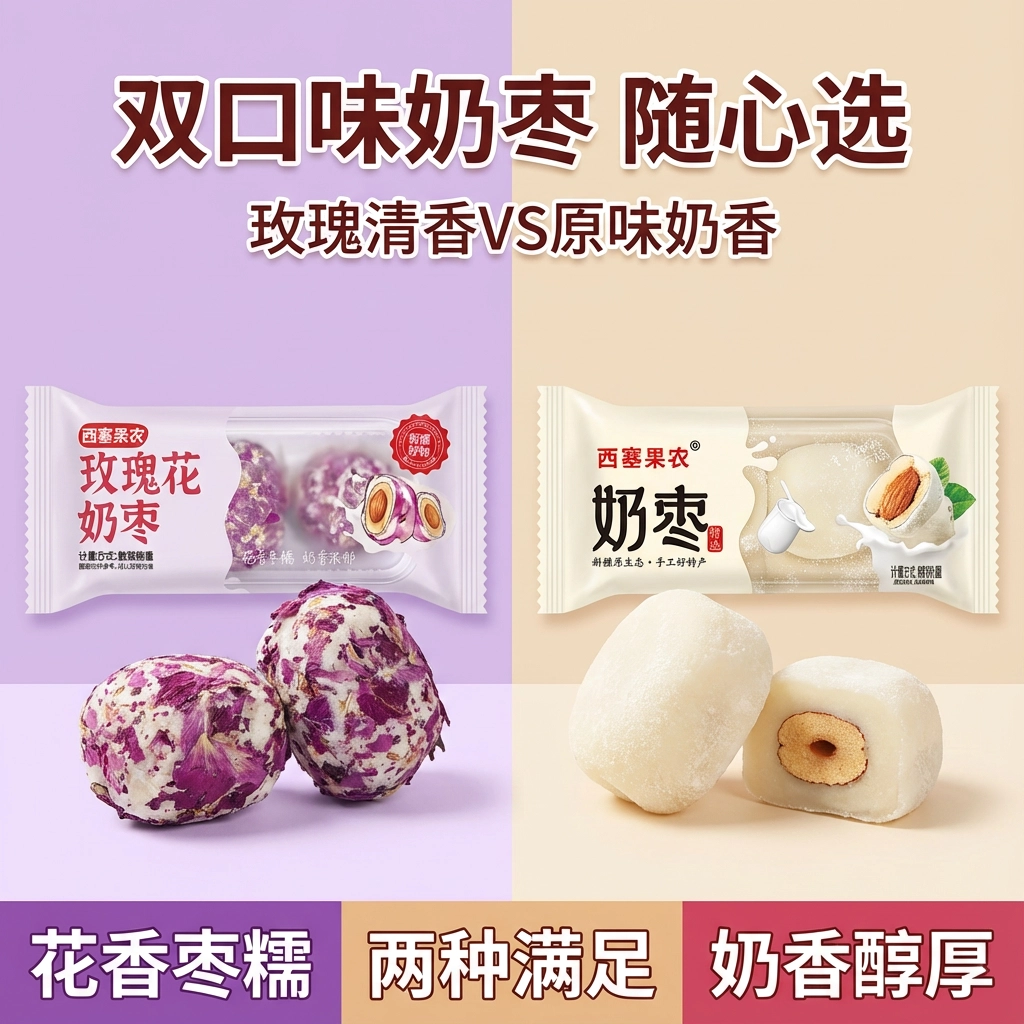 新疆特产巴旦木夹心玫瑰花奶枣500g独立小包杏仁零食无核奶酪灰枣